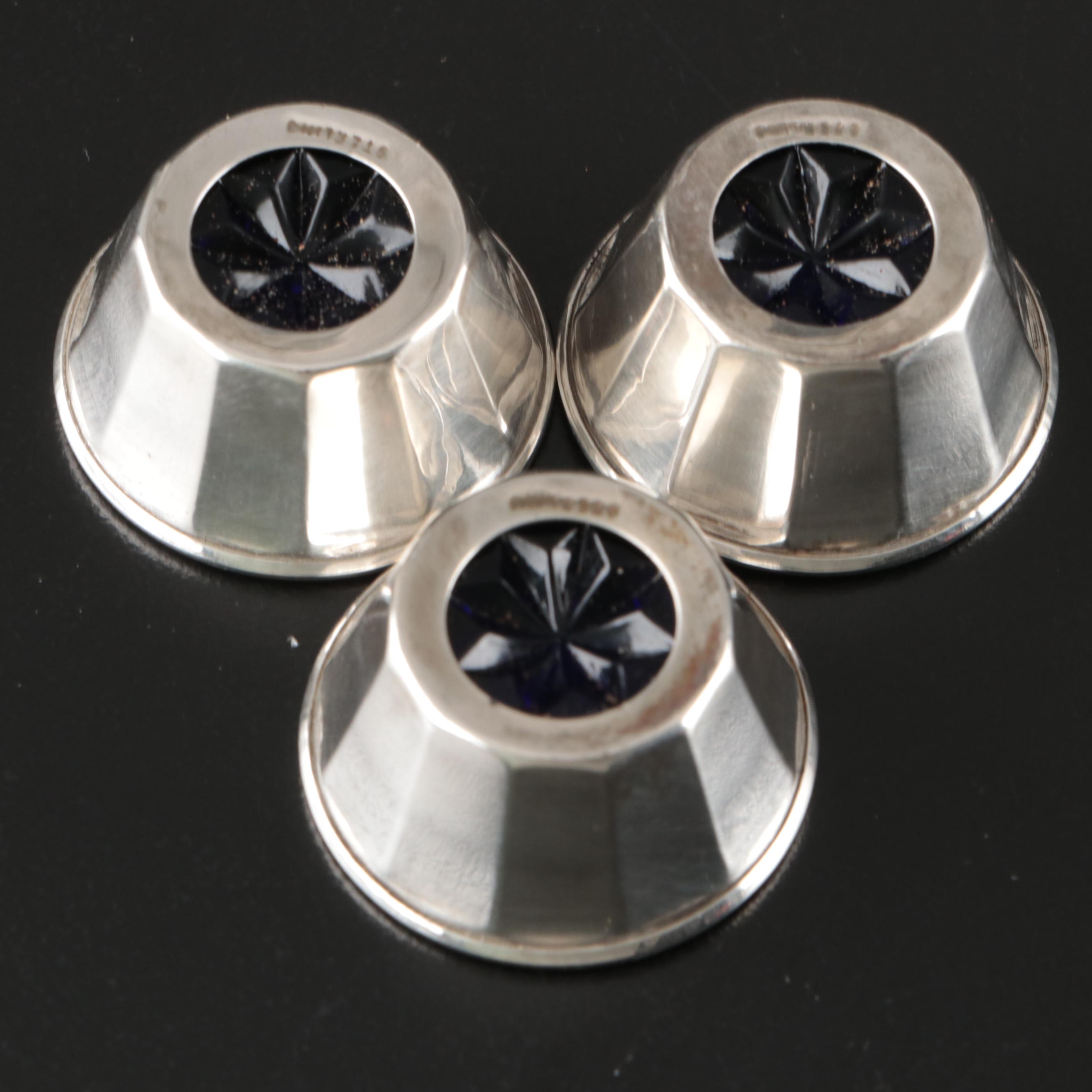 Sterling Silver and Cobalt Glass Salt Cellars with Shakers and Spoons