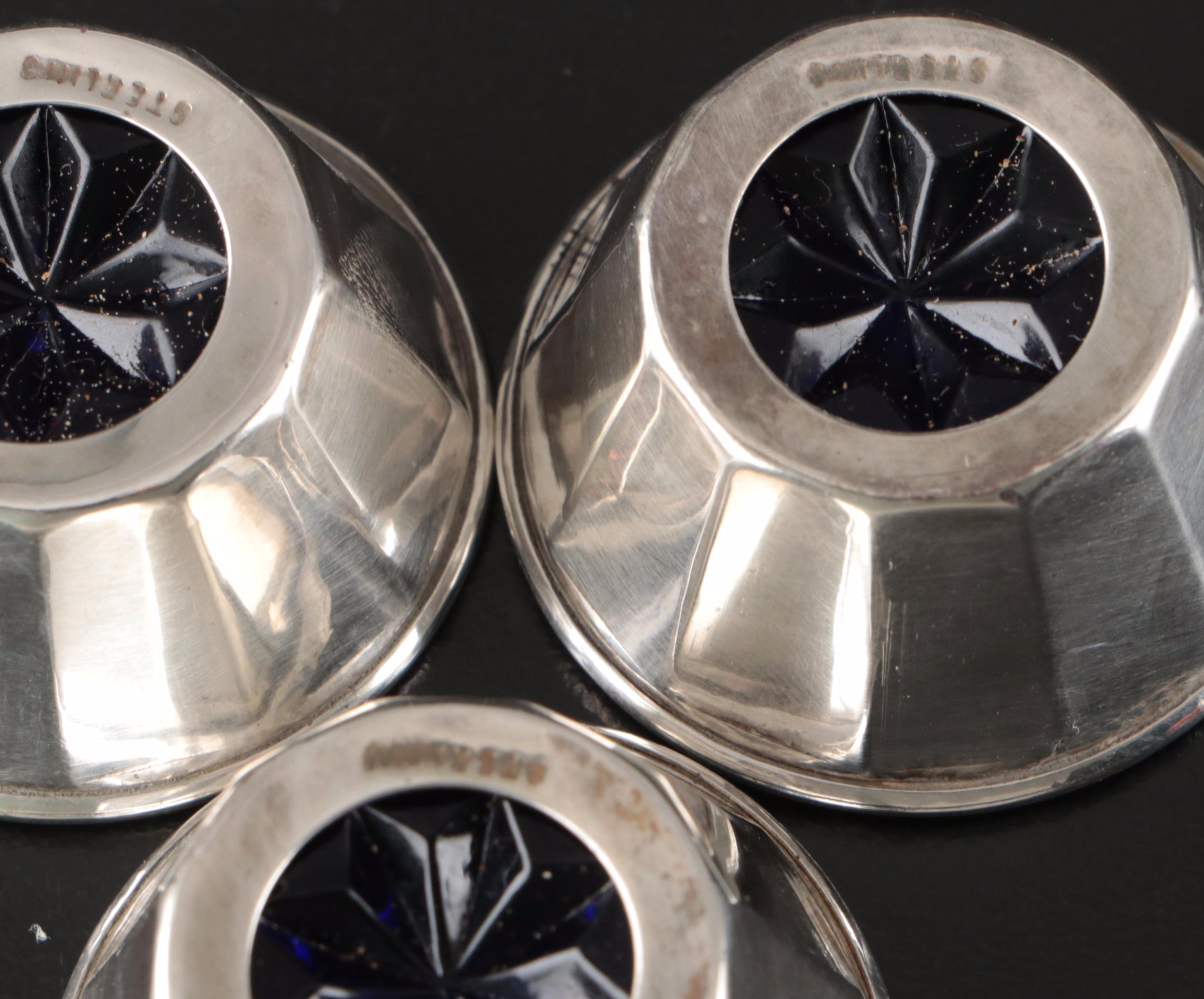 Sterling Silver and Cobalt Glass Salt Cellars with Shakers and Spoons