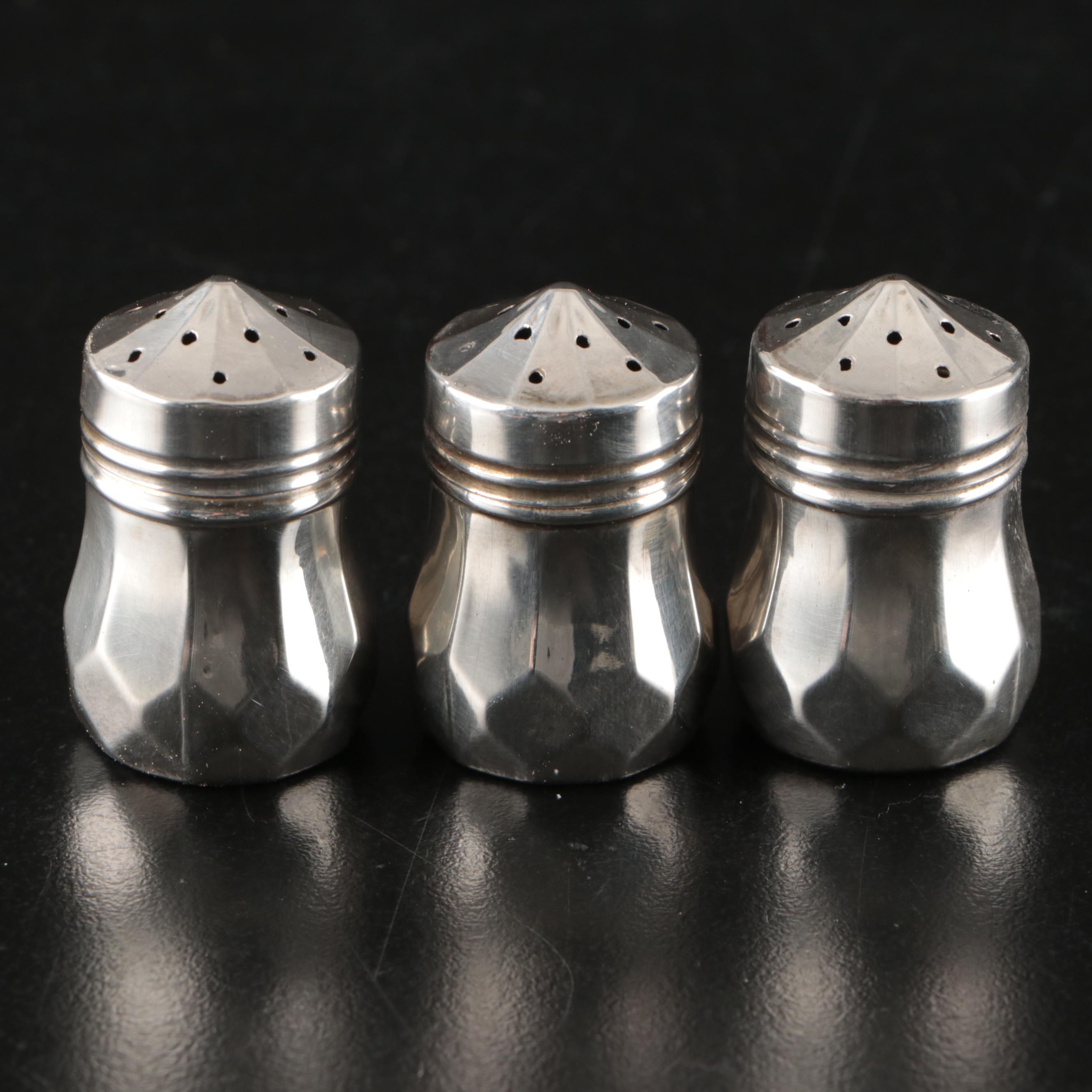 Sterling Silver and Cobalt Glass Salt Cellars with Shakers and Spoons