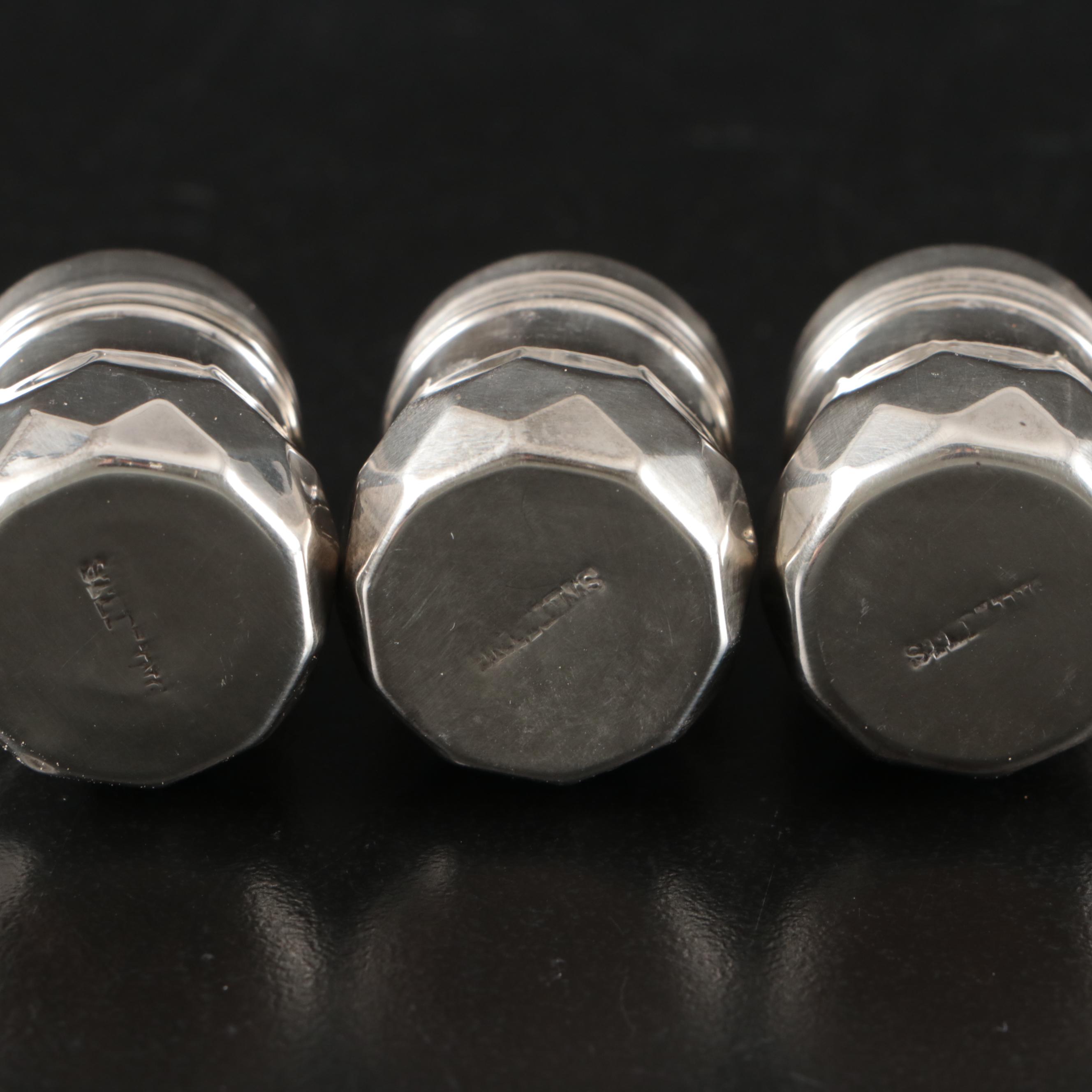 Sterling Silver and Cobalt Glass Salt Cellars with Shakers and Spoons