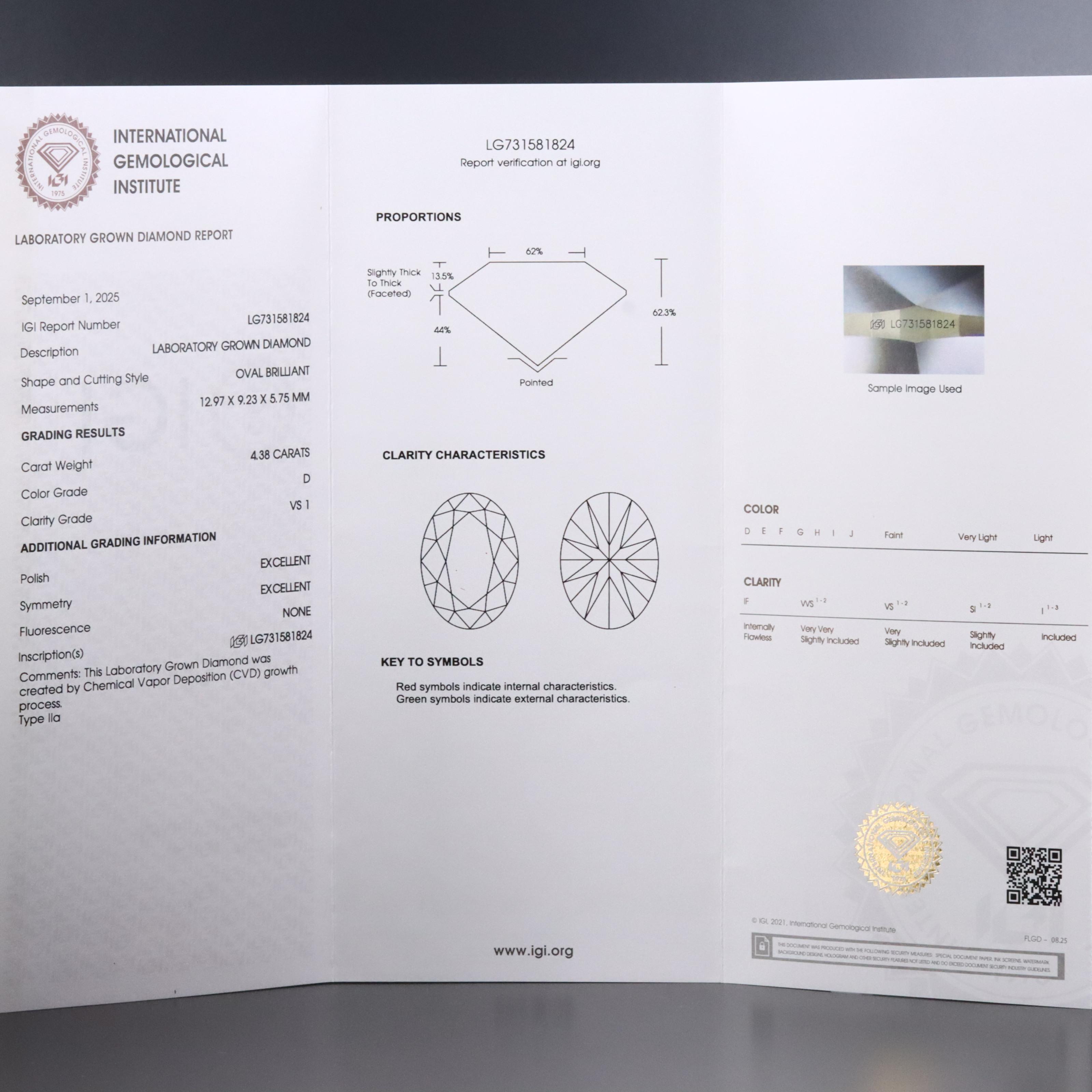 Loose 4.38 CT Lab Grown Diamond with IGI Report