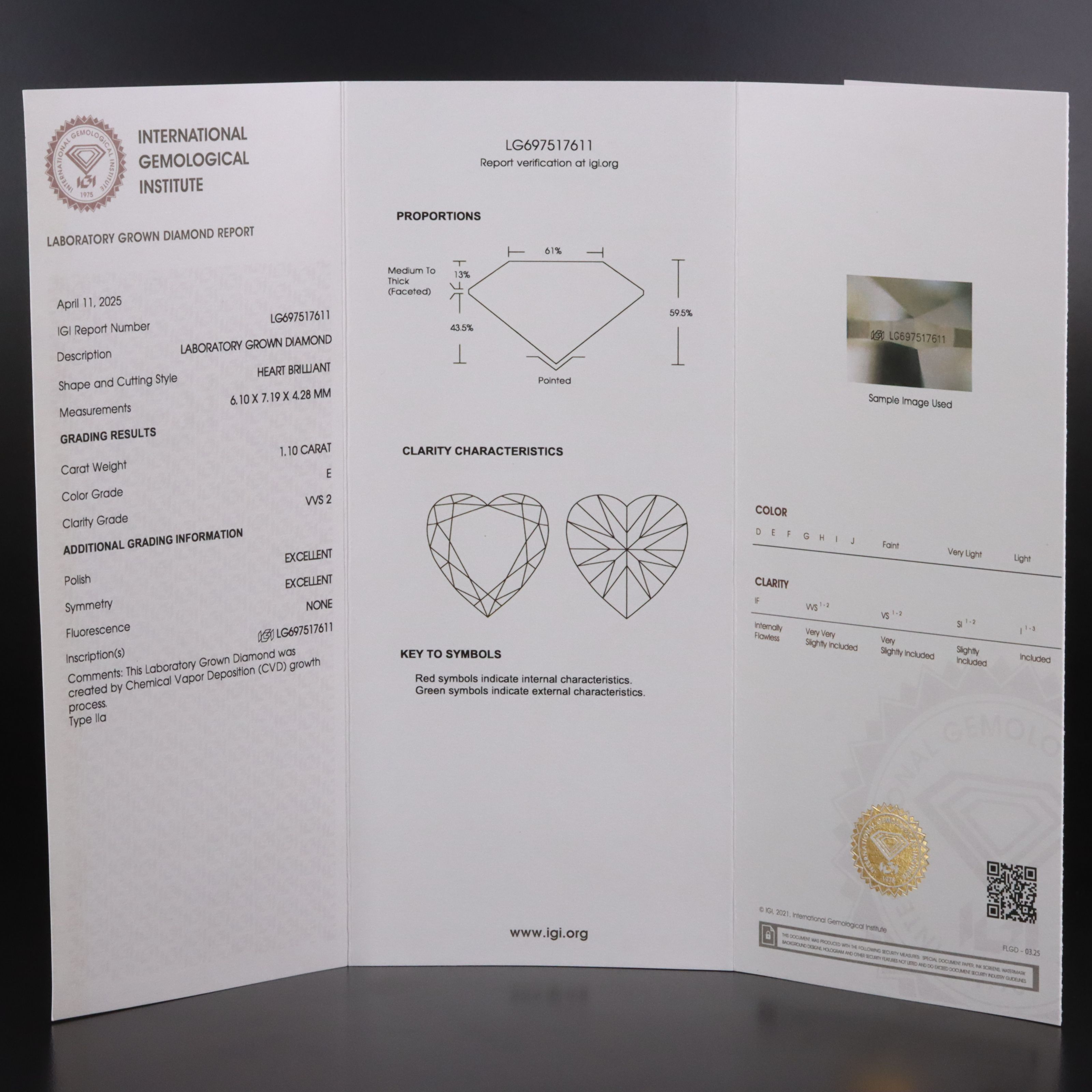 Loose 1.10 CT Lab Grown Diamond with IGI Report