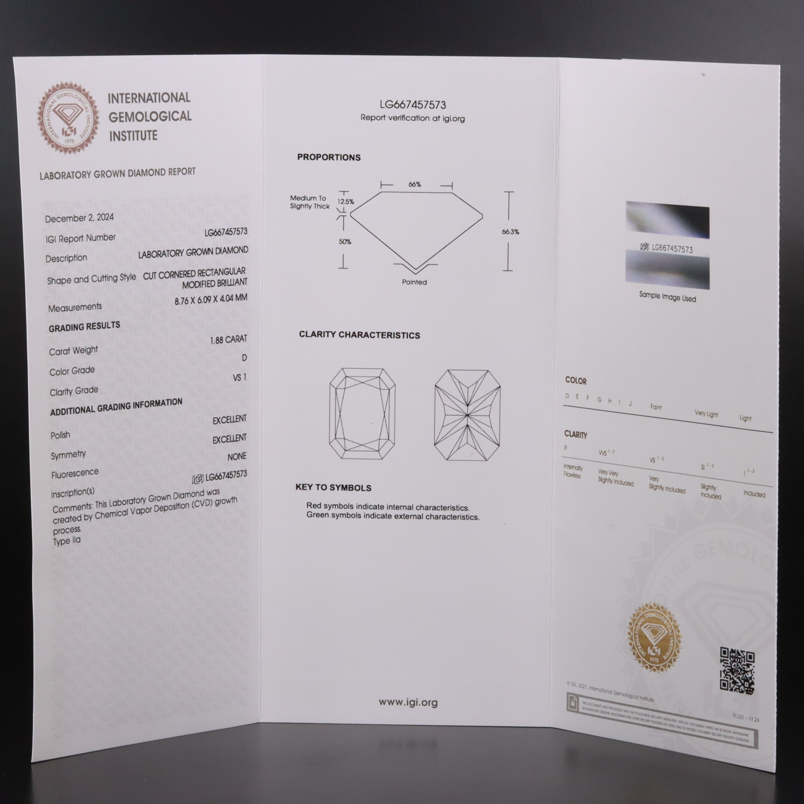 Loose 1.88 CT Lab Grown Diamond with IGI Report
