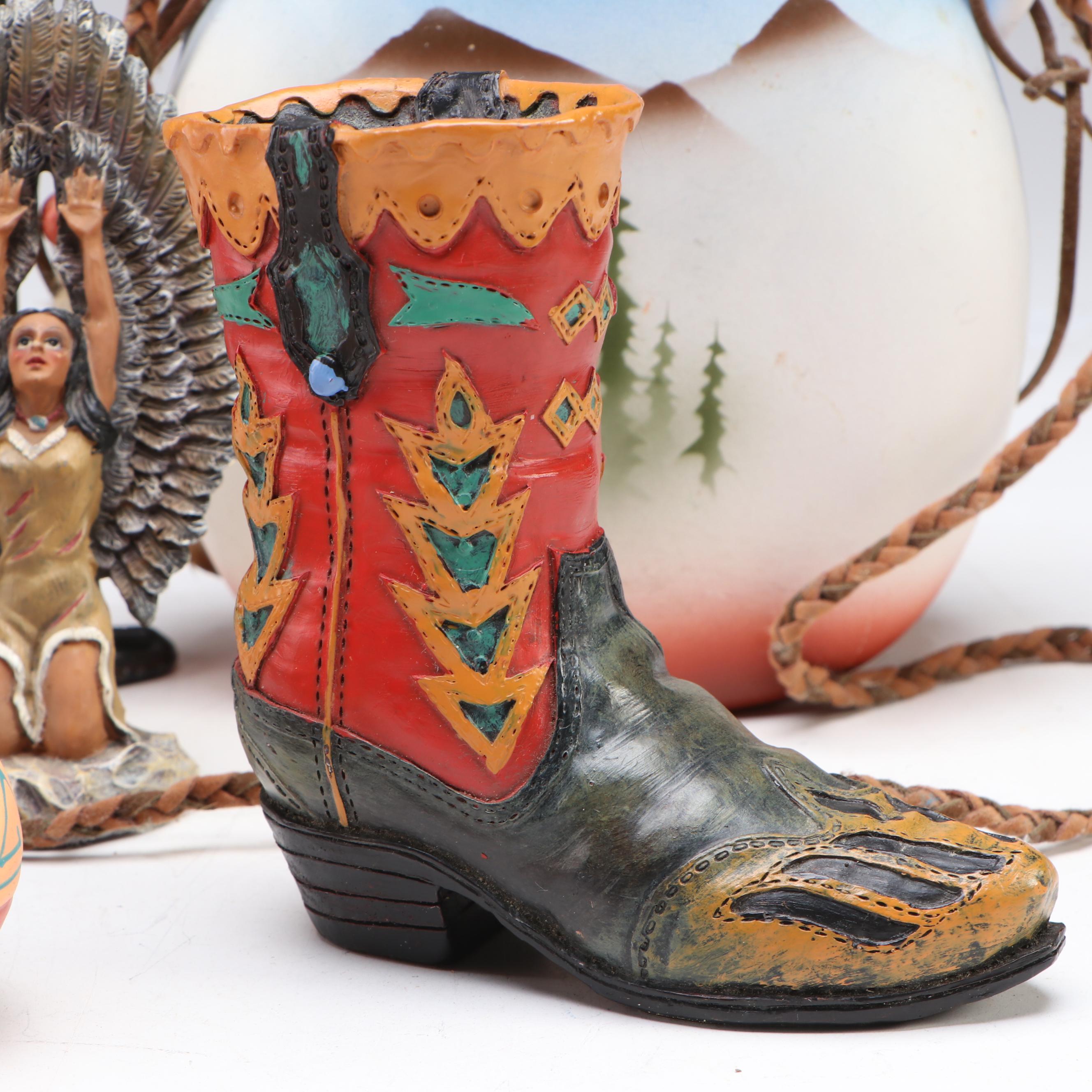 Figural Saddle Mantel Clock with Ceramic Vases and Other Southwest Décor