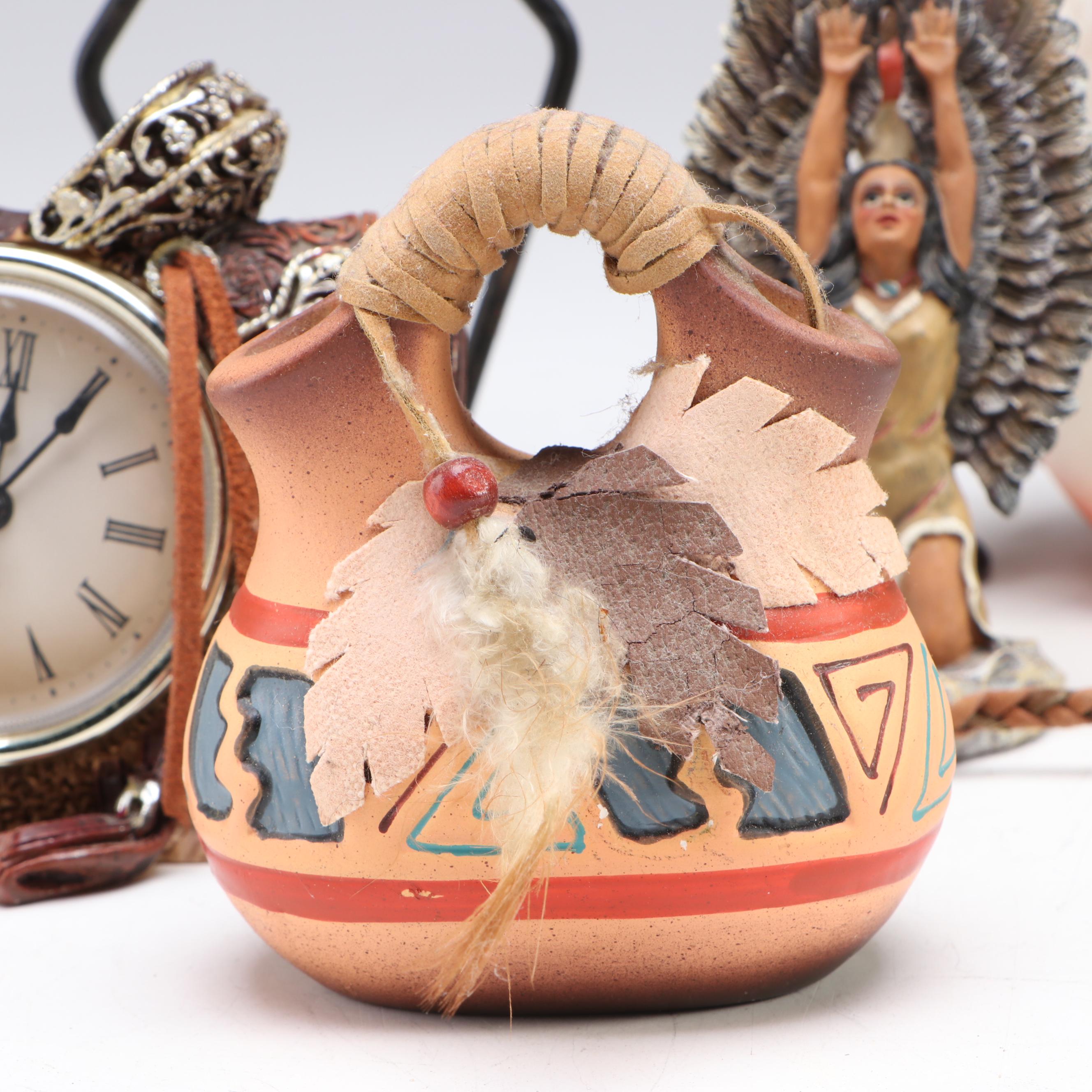 Figural Saddle Mantel Clock with Ceramic Vases and Other Southwest Décor