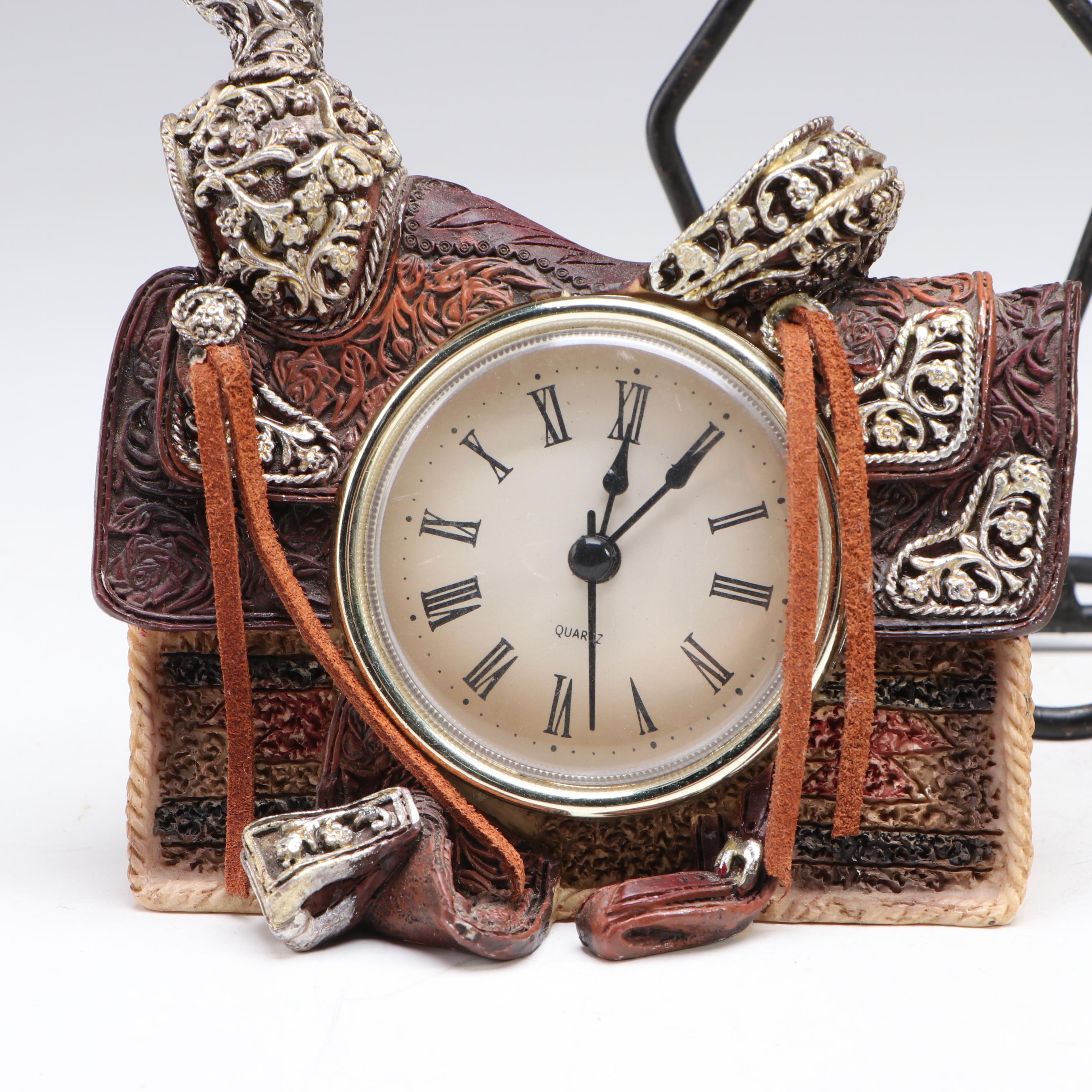 Figural Saddle Mantel Clock with Ceramic Vases and Other Southwest Décor