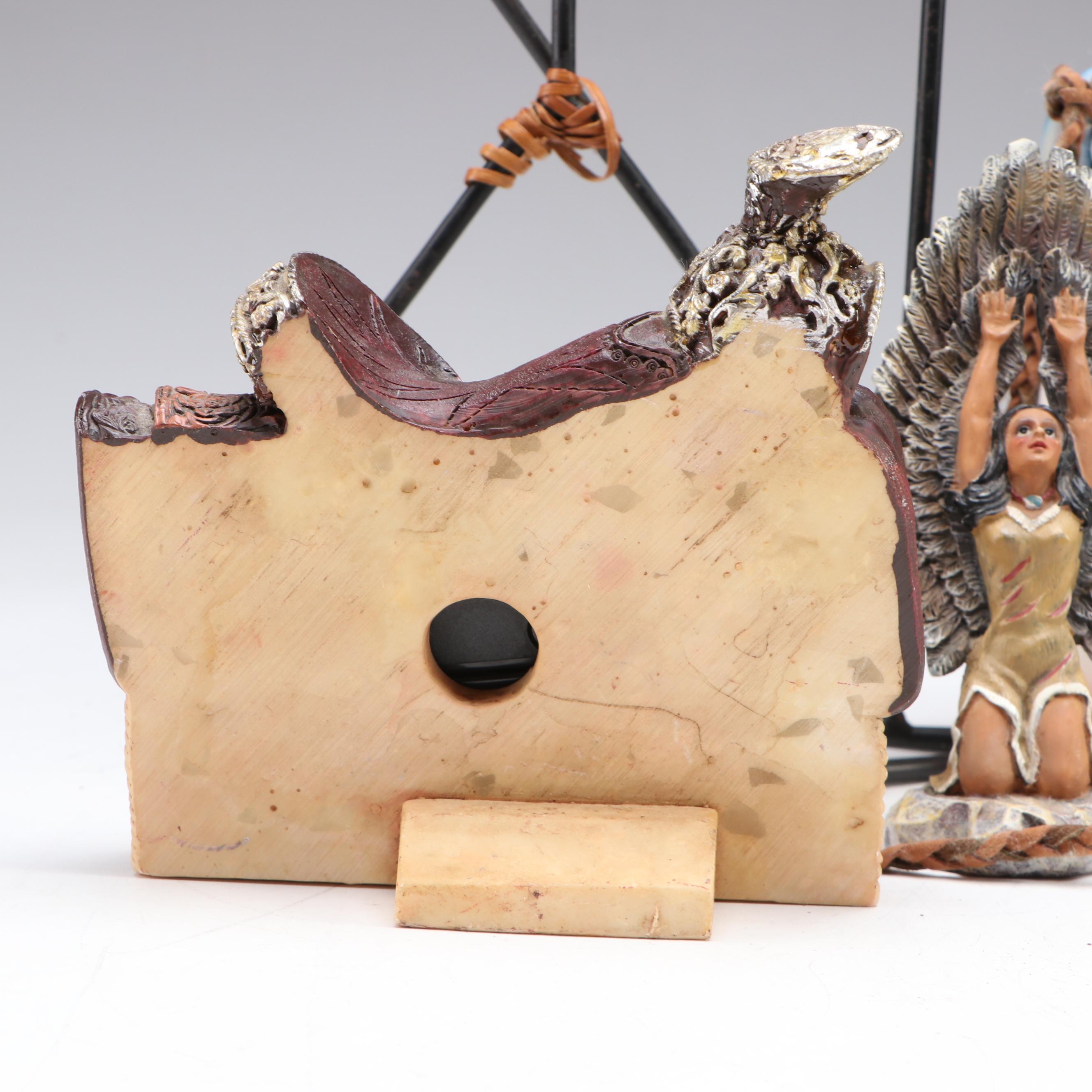 Figural Saddle Mantel Clock with Ceramic Vases and Other Southwest Décor