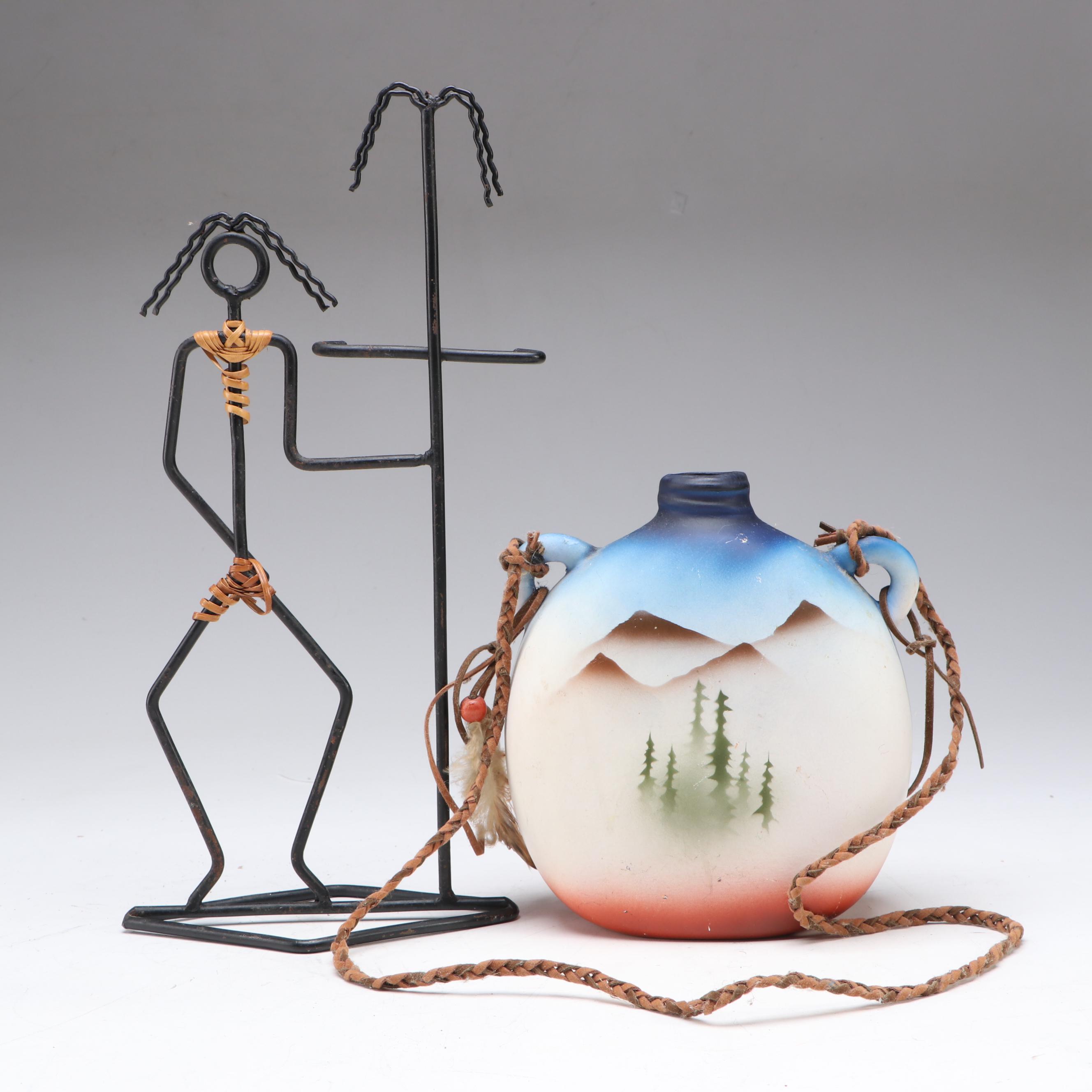 Figural Saddle Mantel Clock with Ceramic Vases and Other Southwest Décor