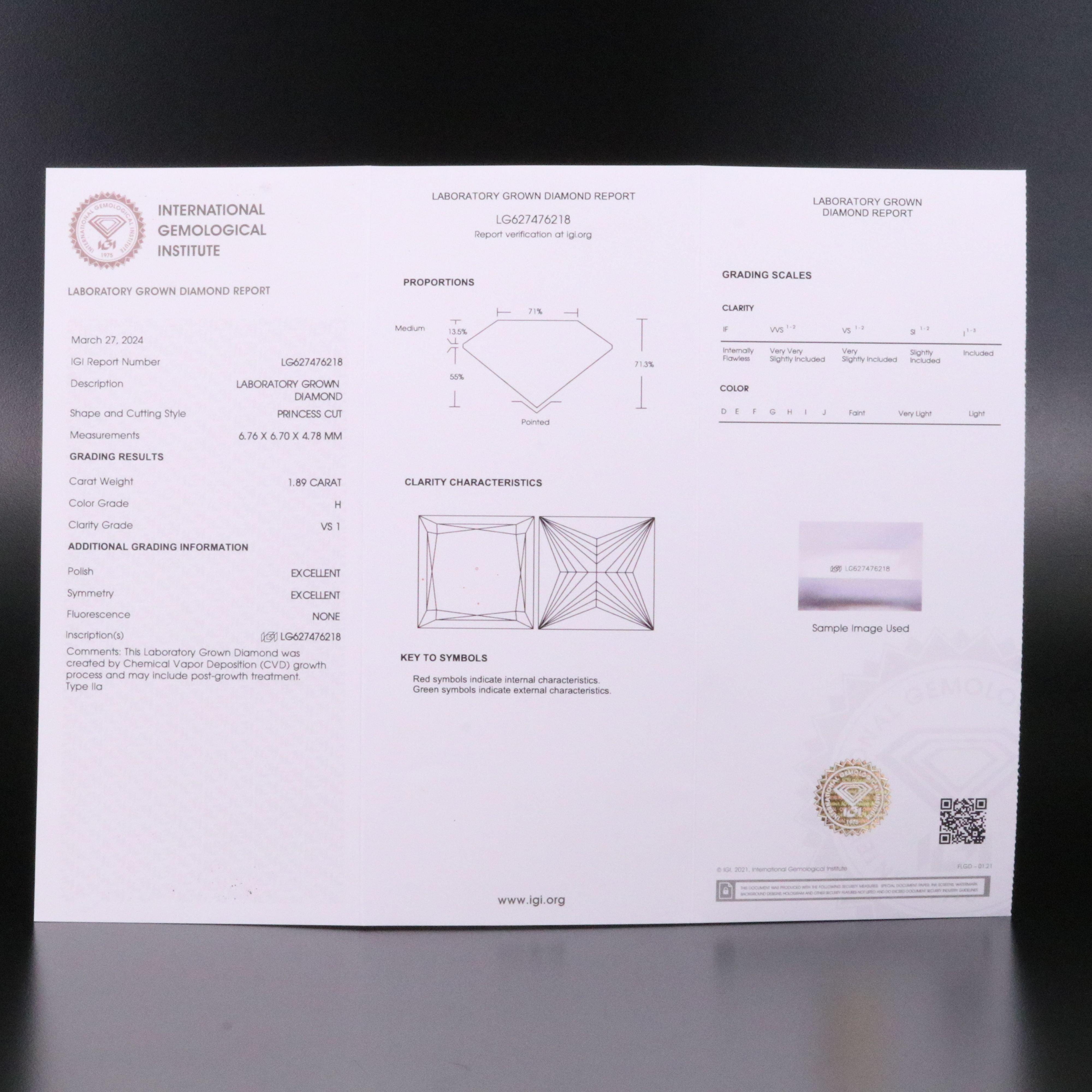 Loose 1.89 CT Lab Grown Diamond with IGI Report