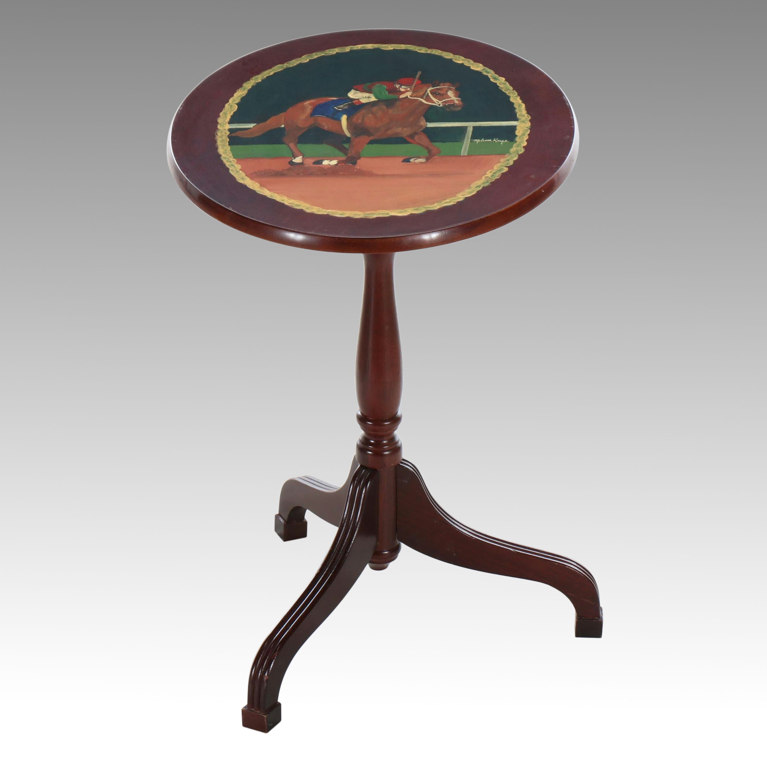 Colonial Revival Hand-Painted Horse and Jockey Wood Side Table