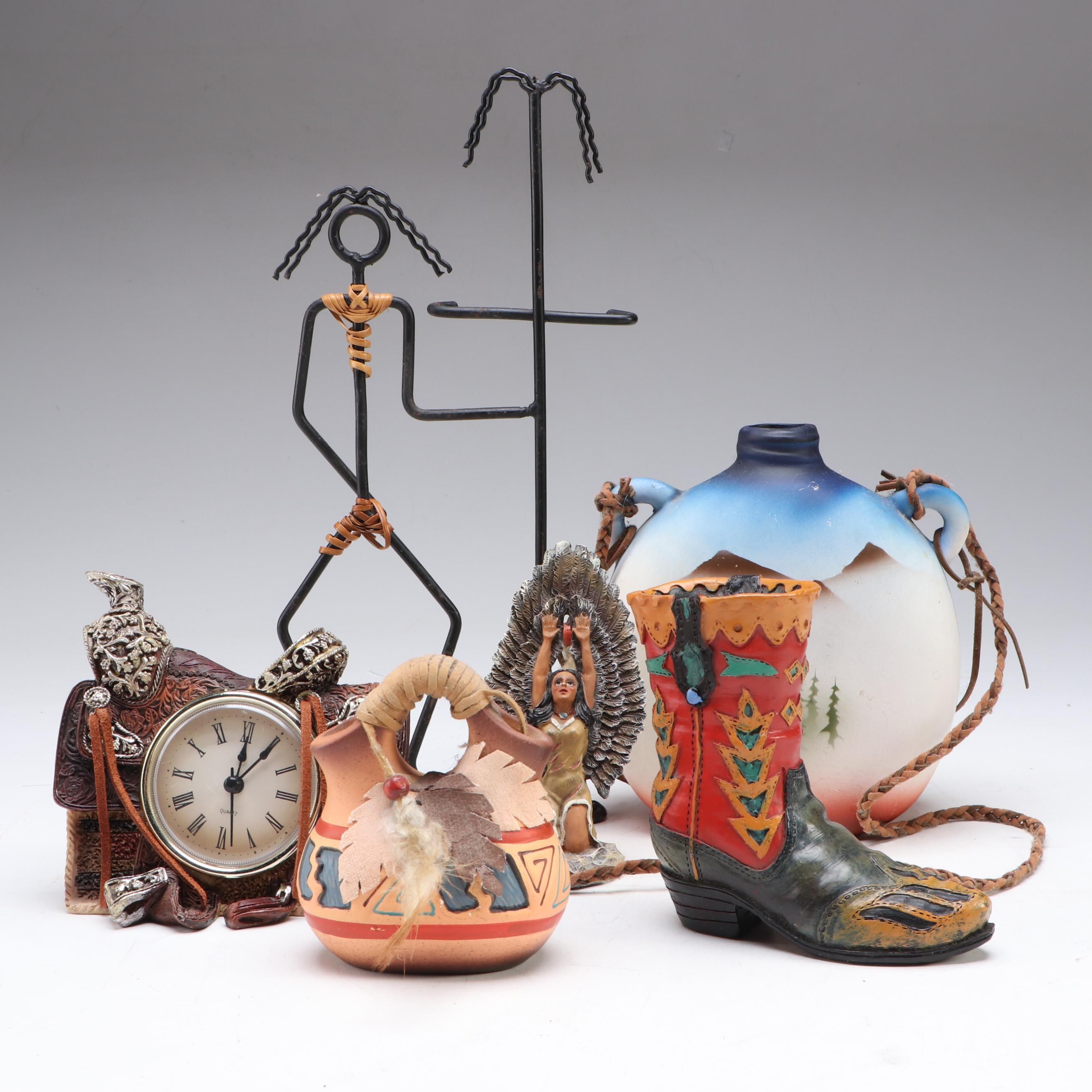 Figural Saddle Mantel Clock with Ceramic Vases and Other Southwest Décor