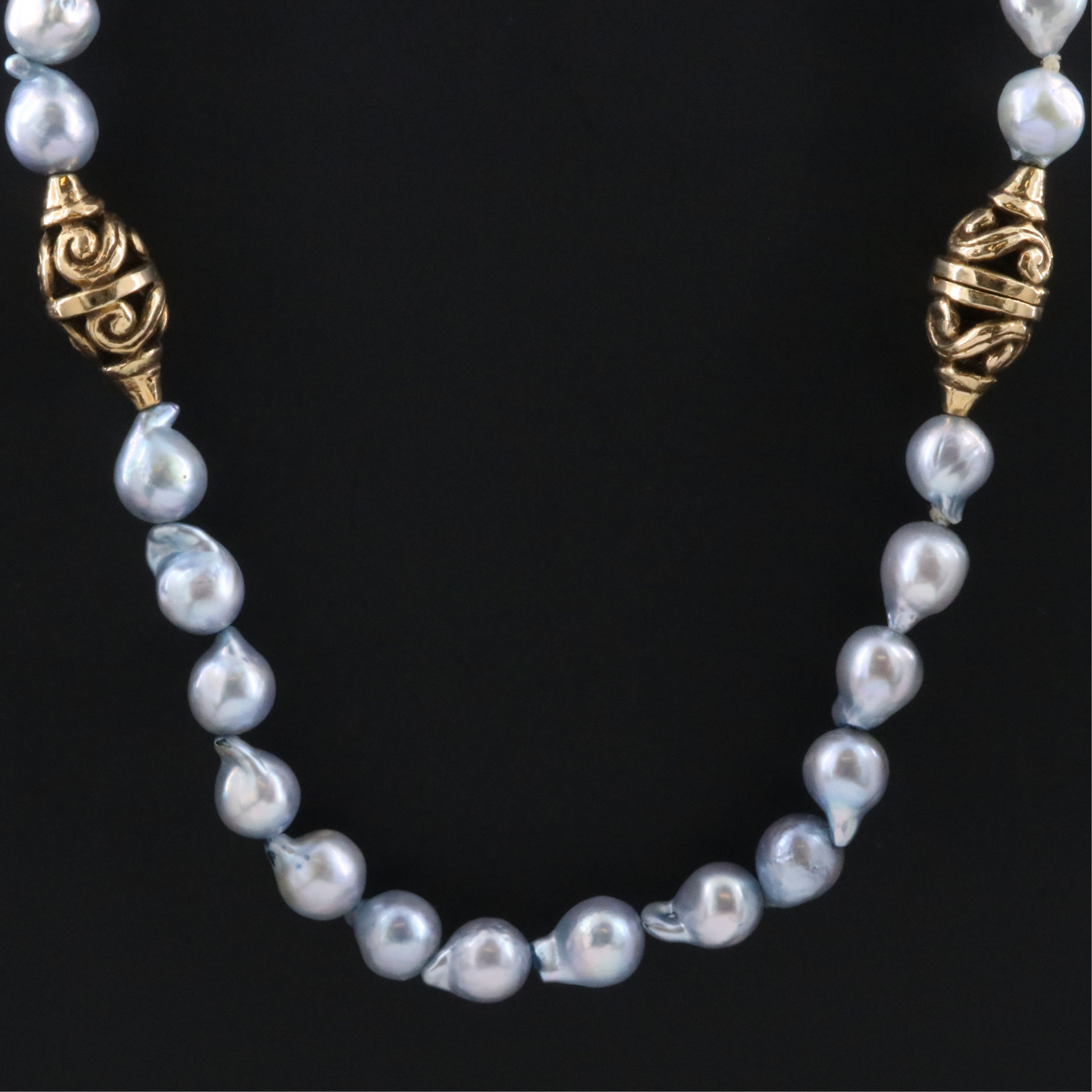 14K Pearl Necklace with Scroll Stations