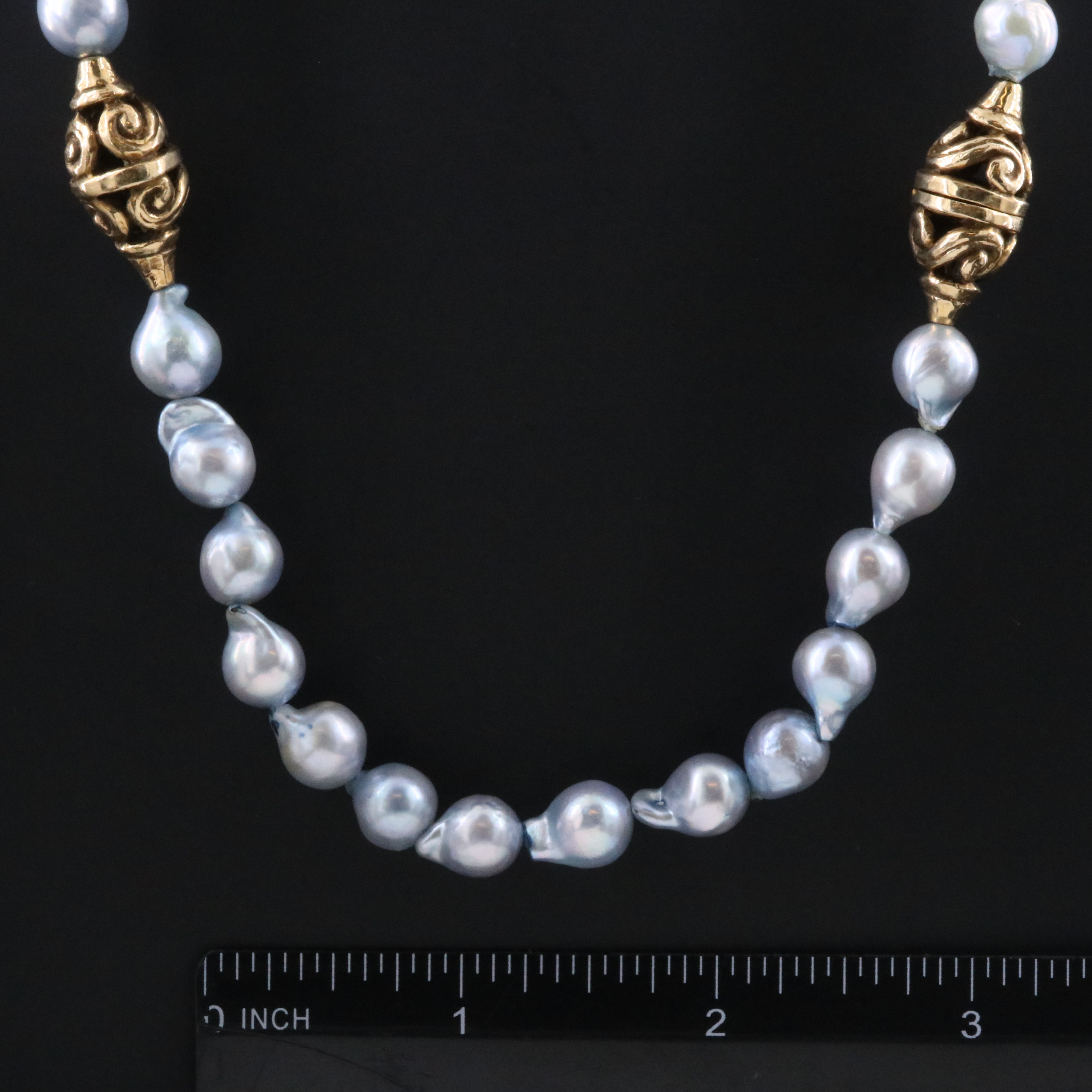 14K Pearl Necklace with Scroll Stations