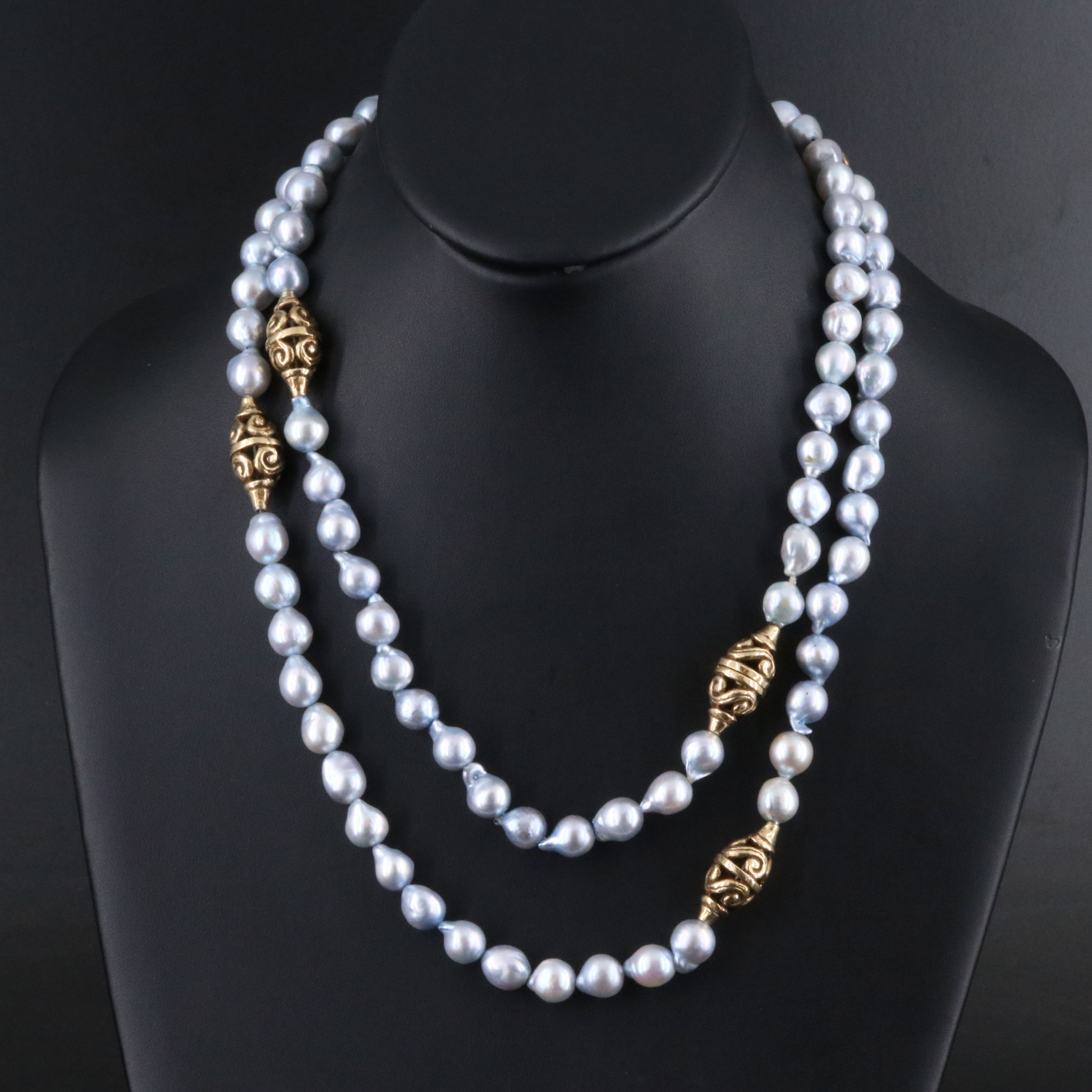 14K Pearl Necklace with Scroll Stations