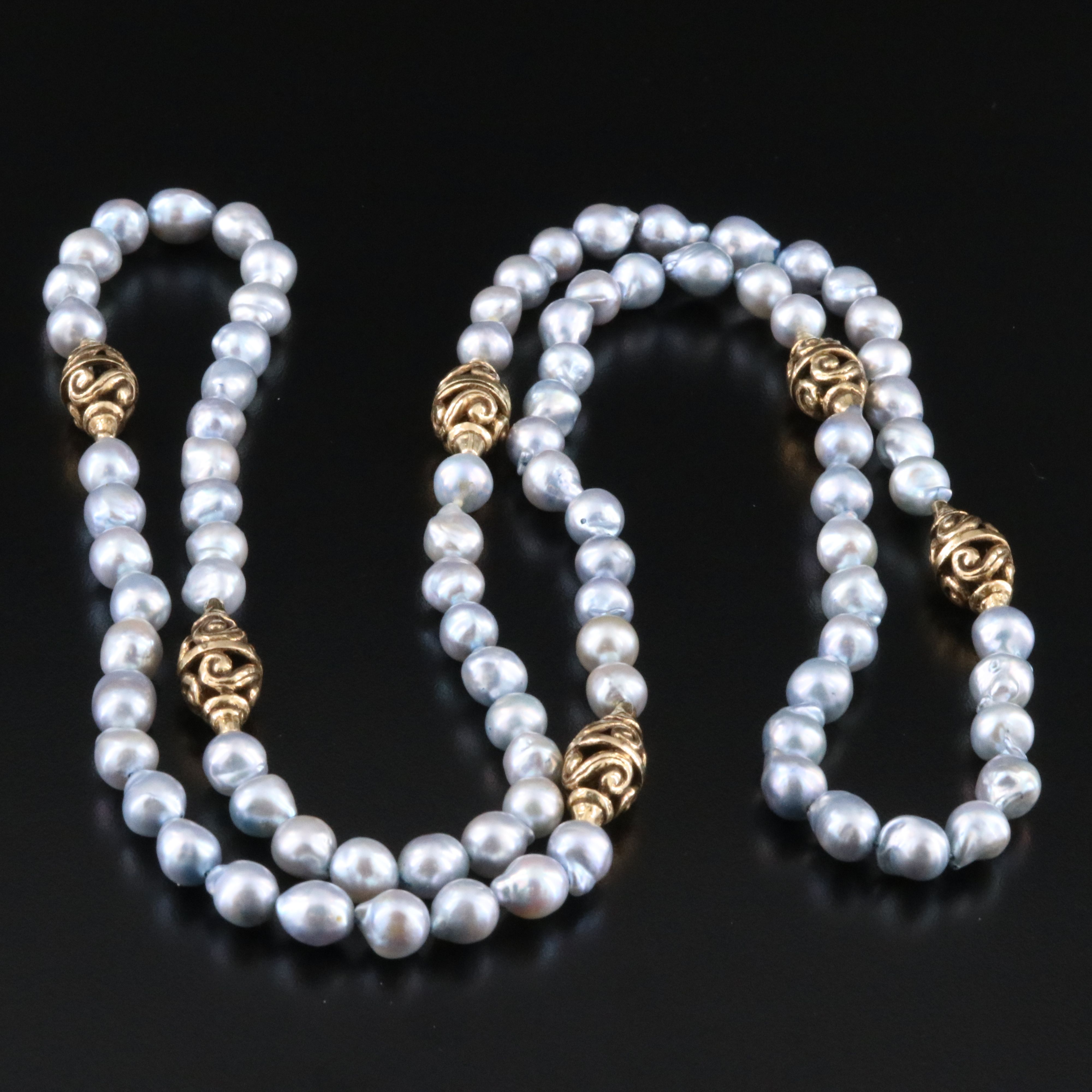 14K Pearl Necklace with Scroll Stations