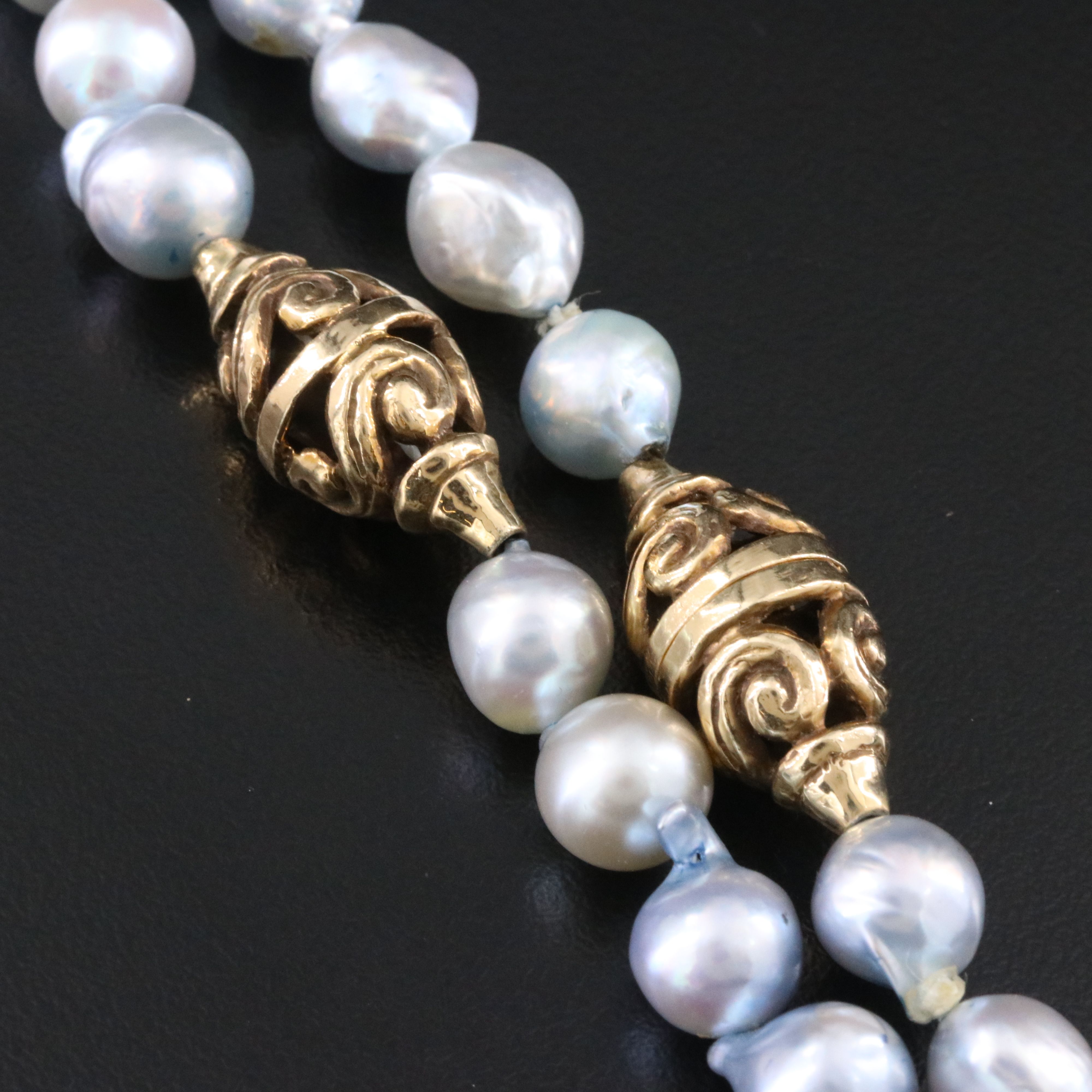 14K Pearl Necklace with Scroll Stations