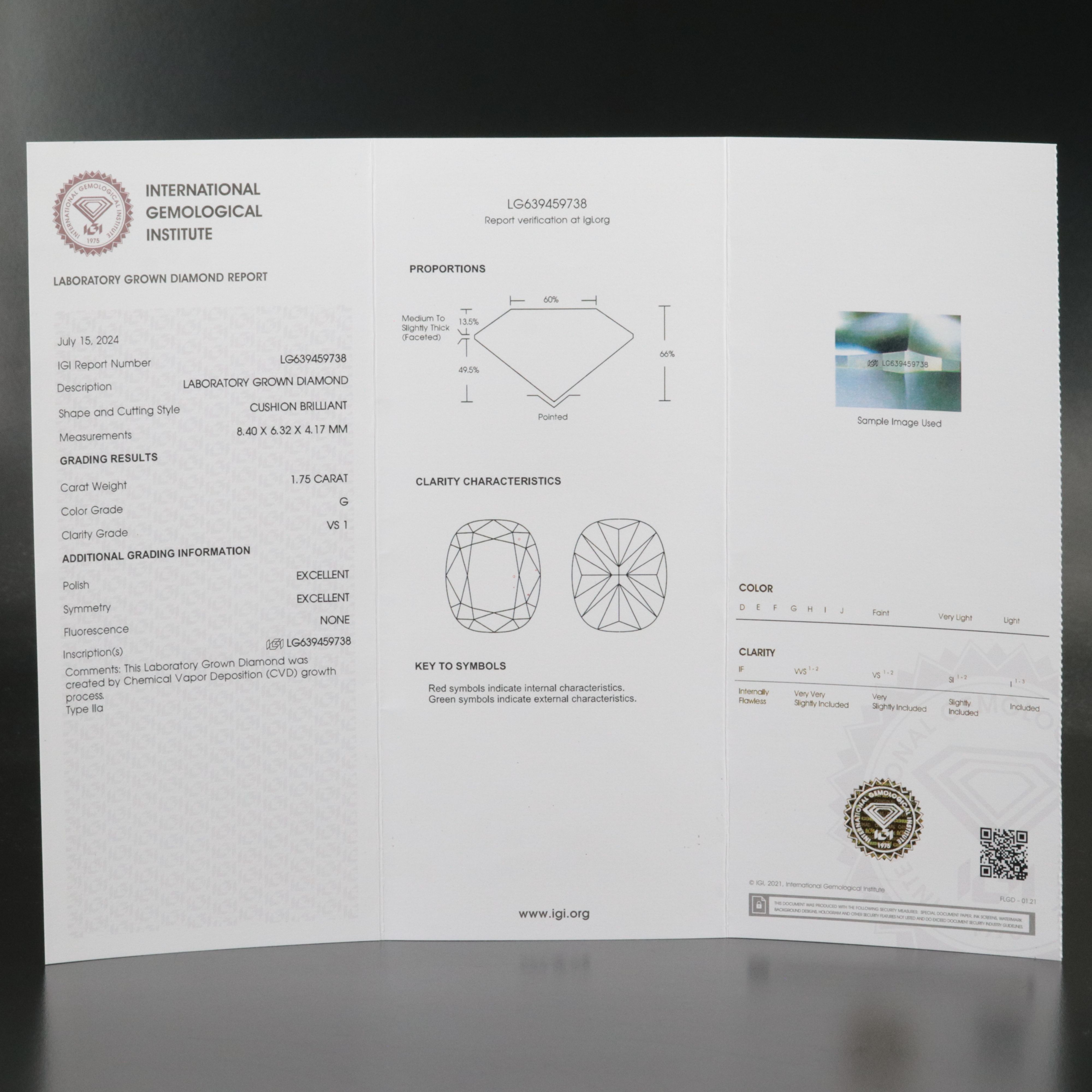 Loose 1.75 CT Lab Grown Diamond with IGI Report