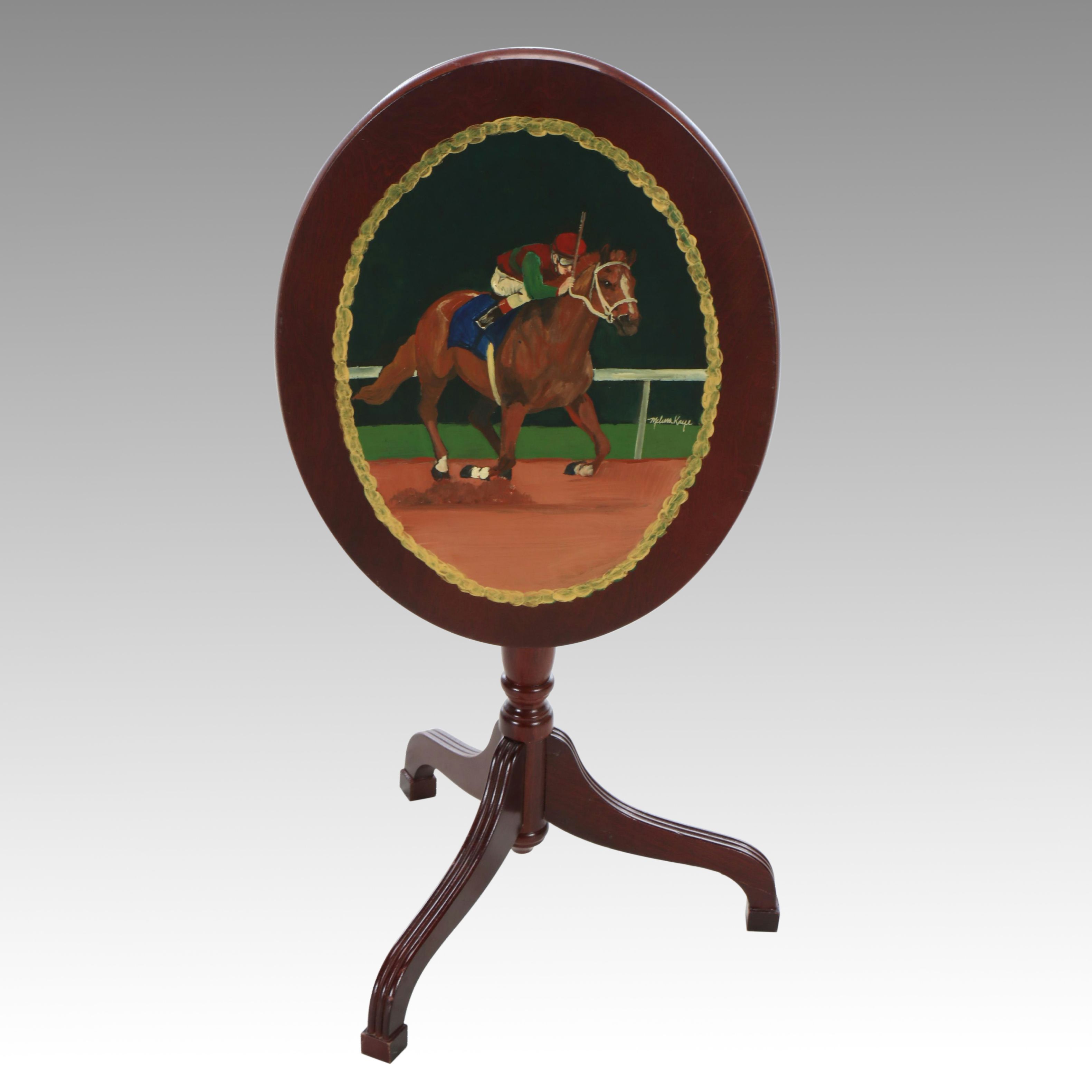 Colonial Revival Hand-Painted Horse and Jockey Wood Side Table