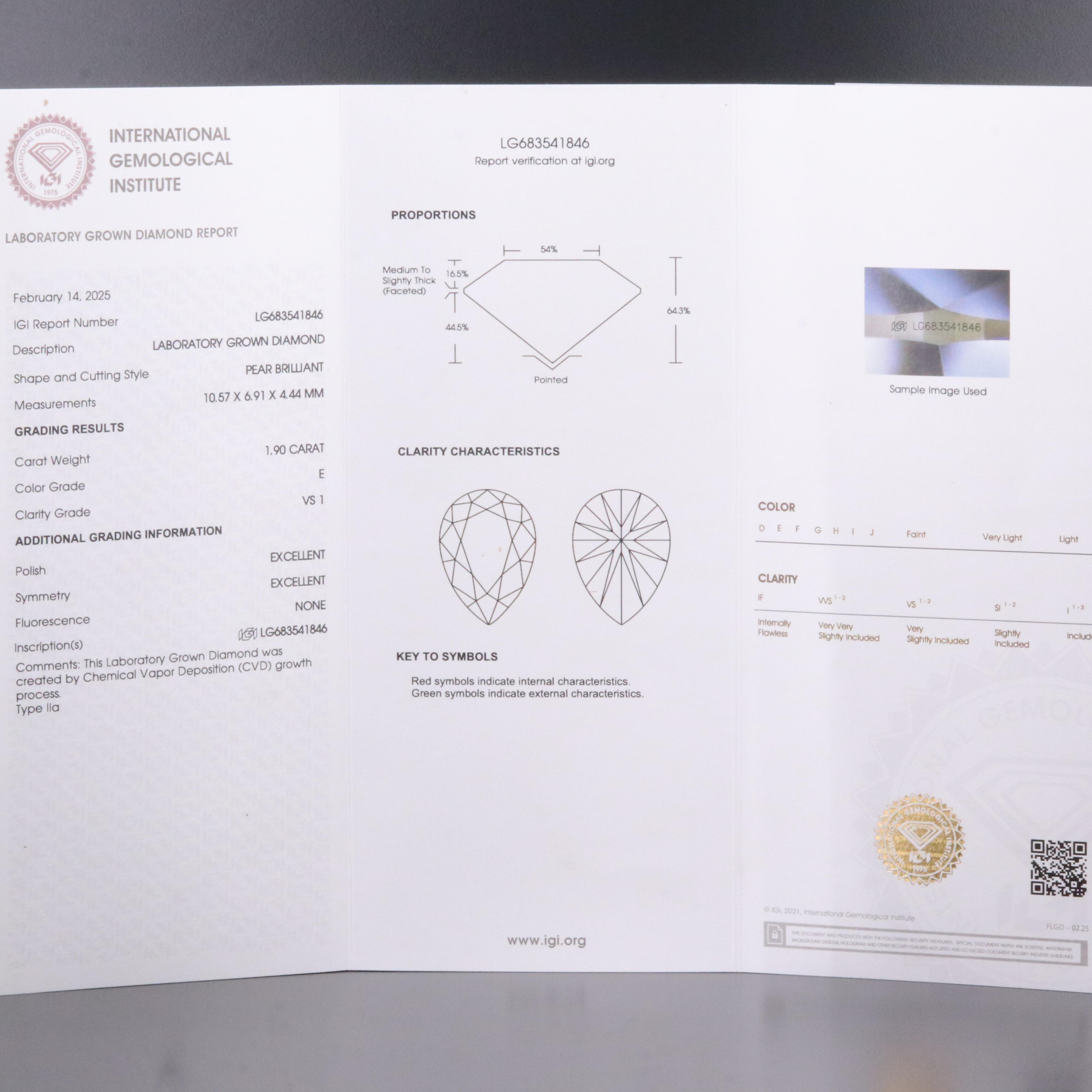 Loose 1.90 CT Lab Grown Diamond with IGI Report