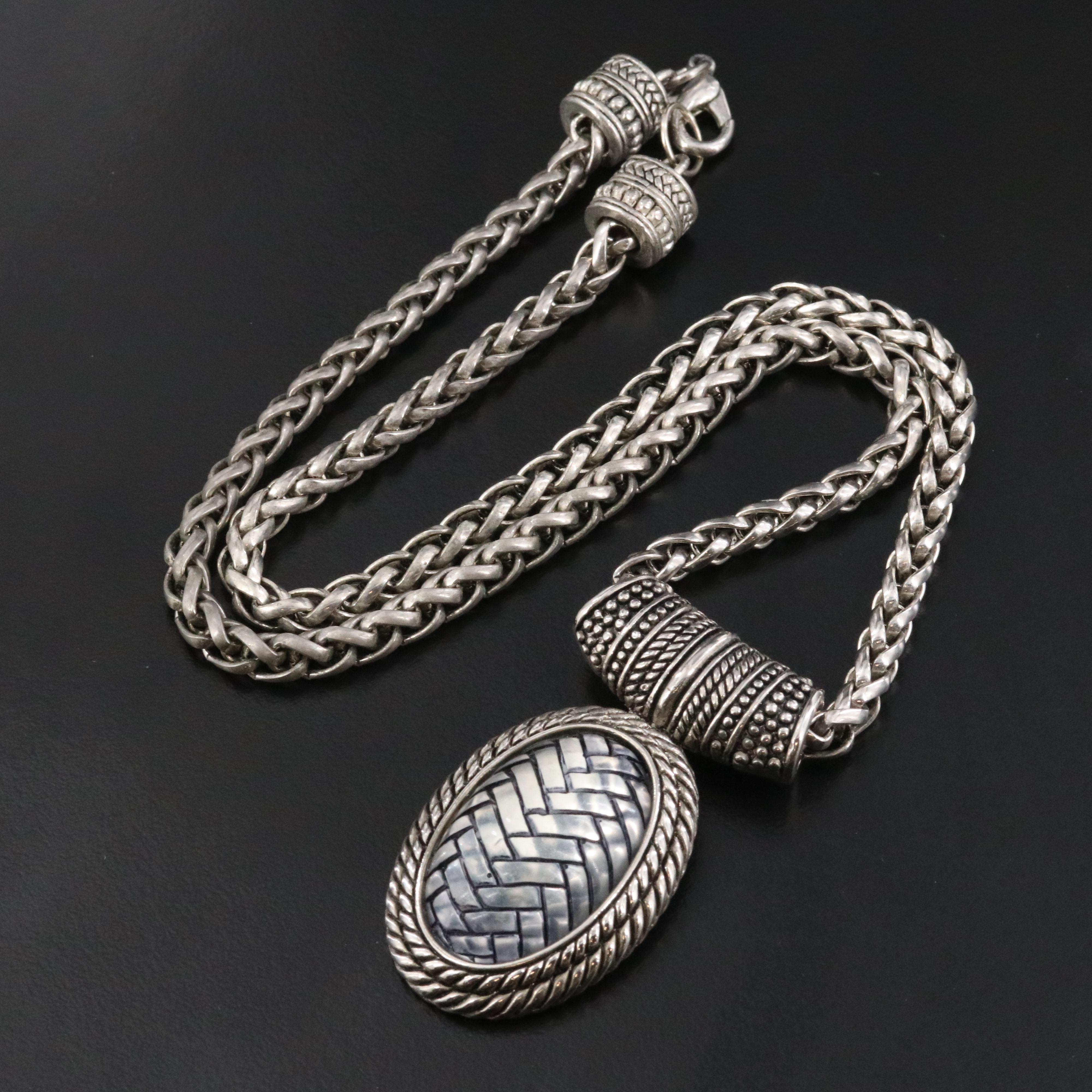 Basket Weave Engraved Glass Pendant Necklace