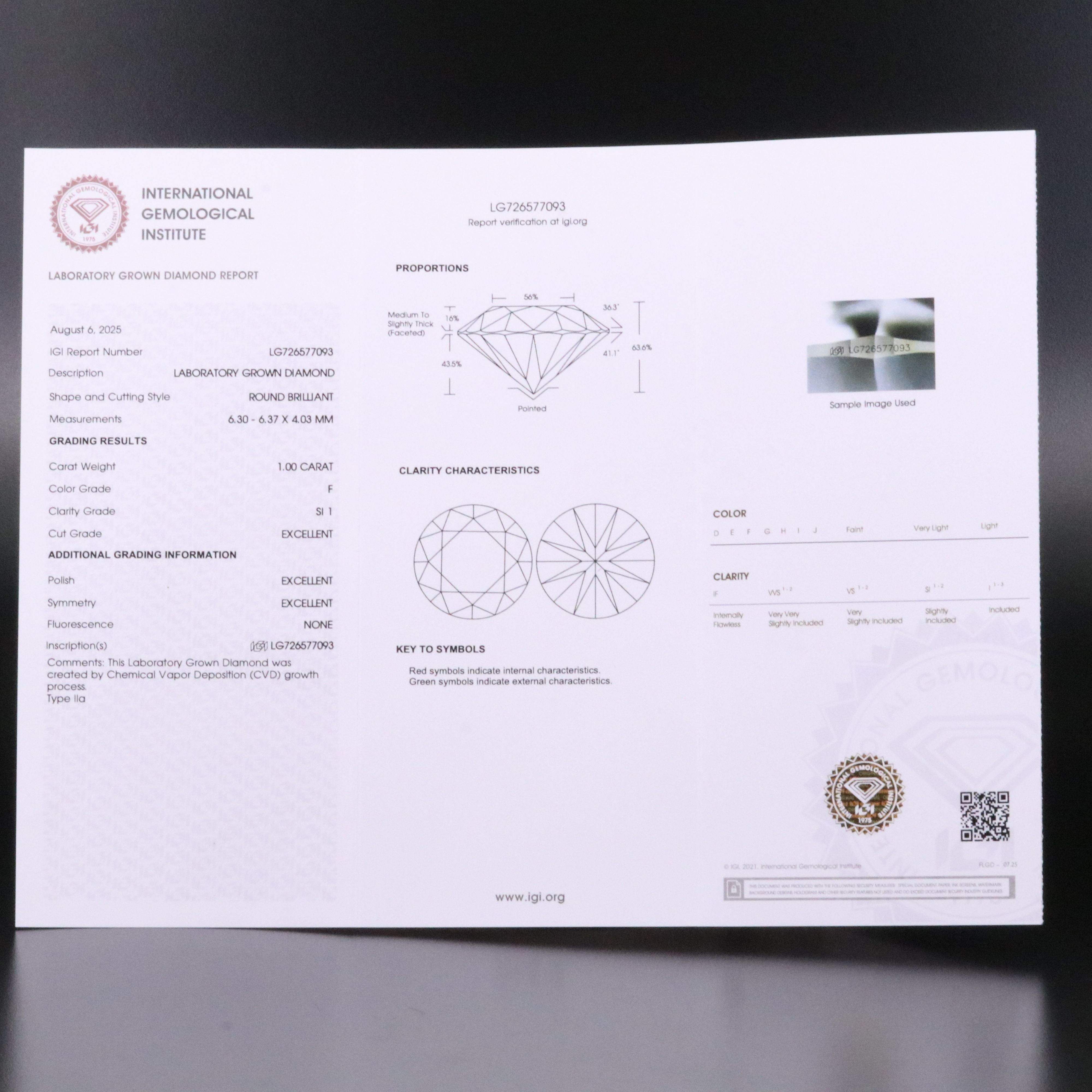 Loose 1.00 CT Lab Grown Diamond with IGI Report