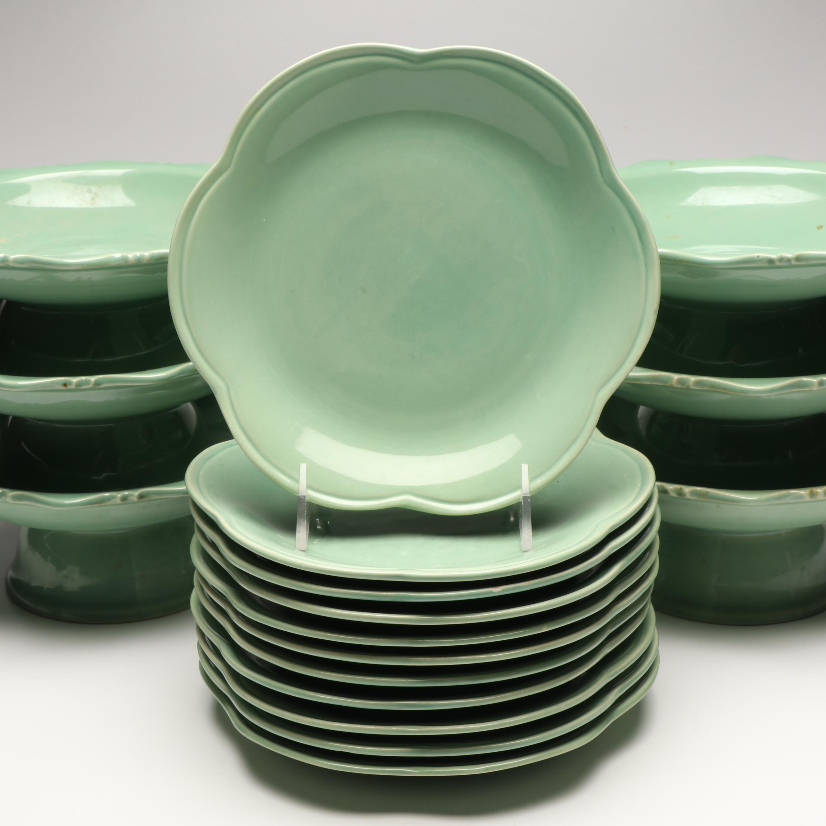 Thai Celadon Scalloped Edge Plates and Pedestal Bowls