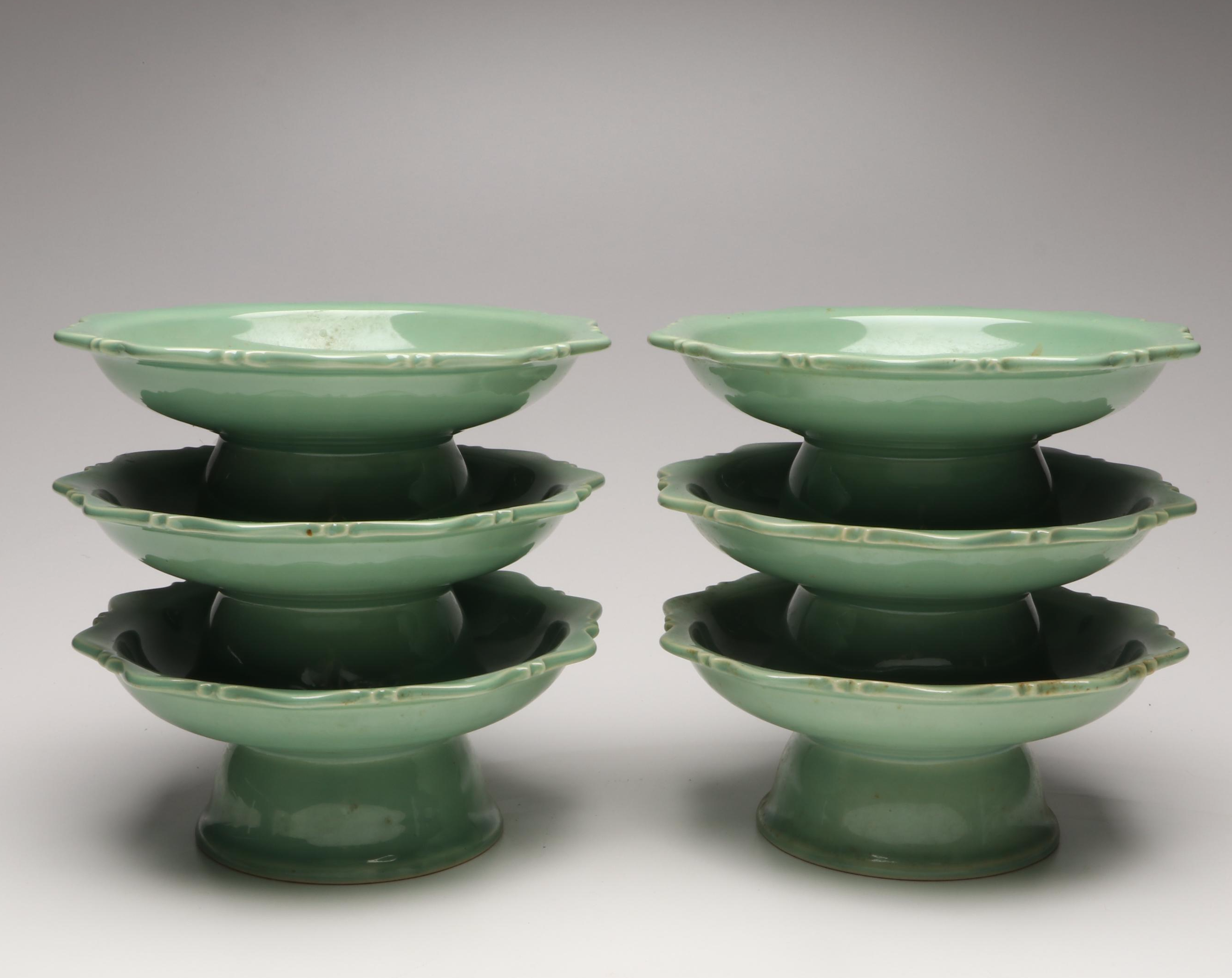 Thai Celadon Scalloped Edge Plates and Pedestal Bowls