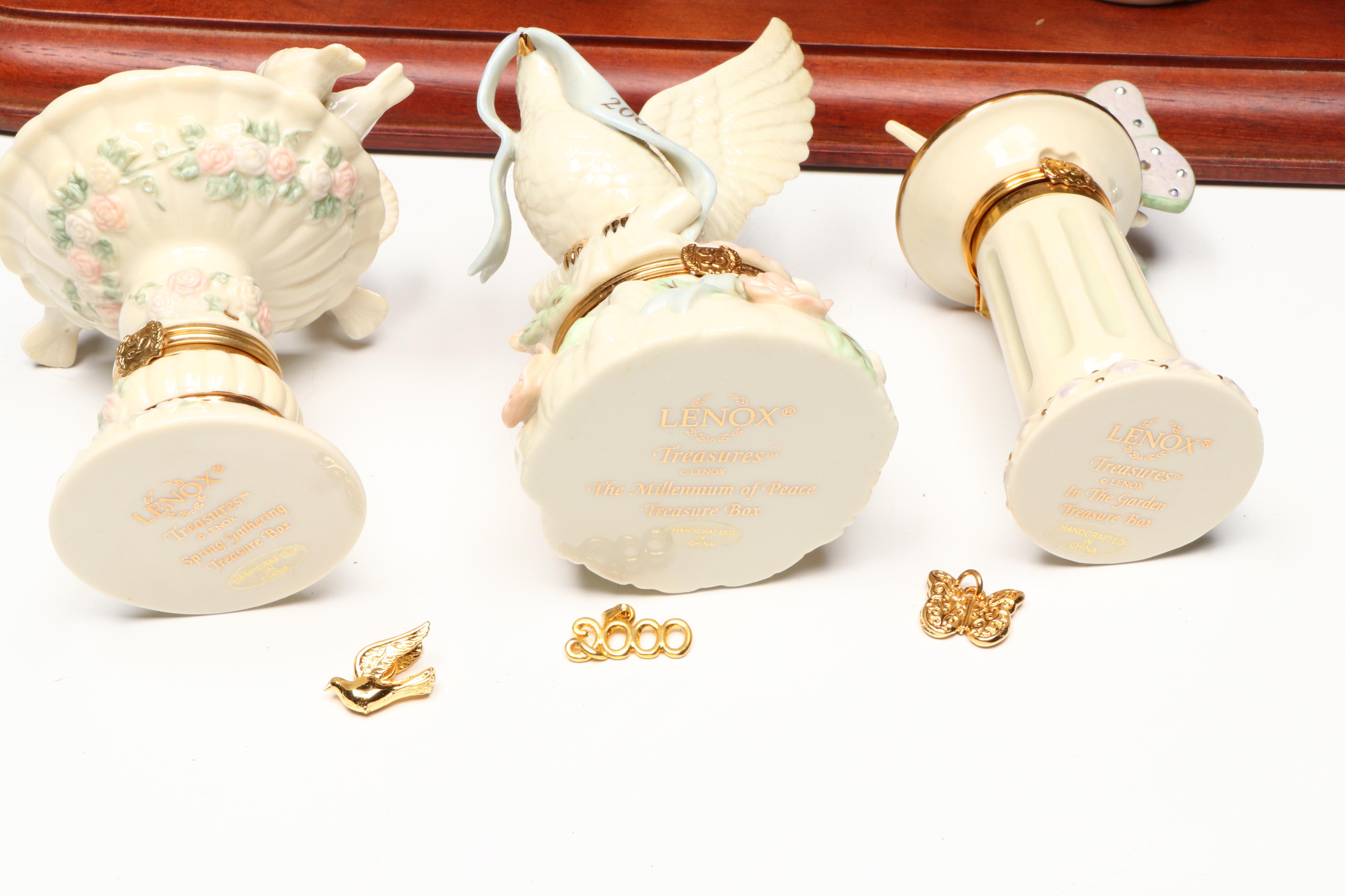 Lenox Porcelain Decorative Boxes with Wooden Display Shelves