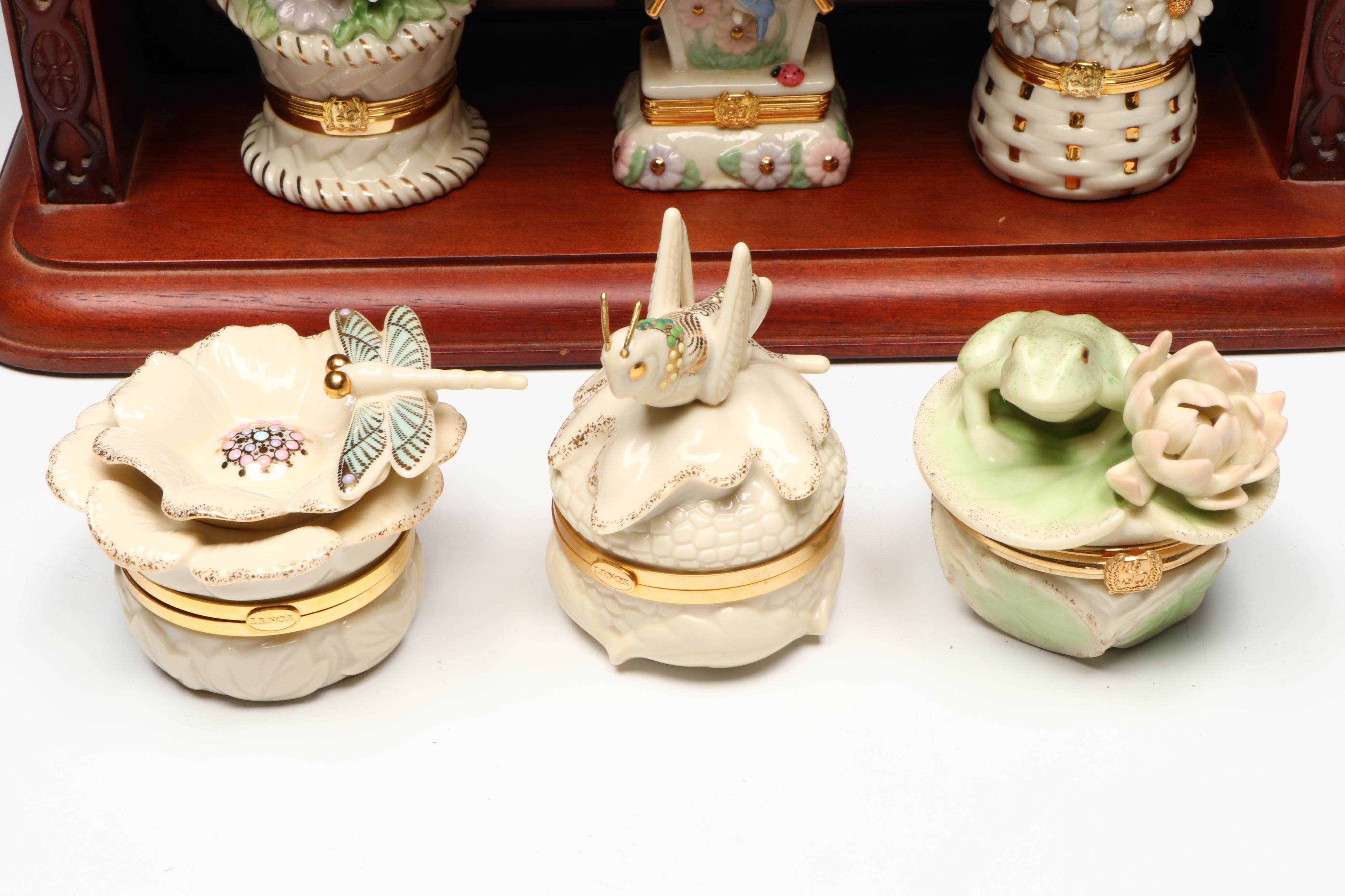 Lenox Porcelain Decorative Boxes with Wooden Display Shelves