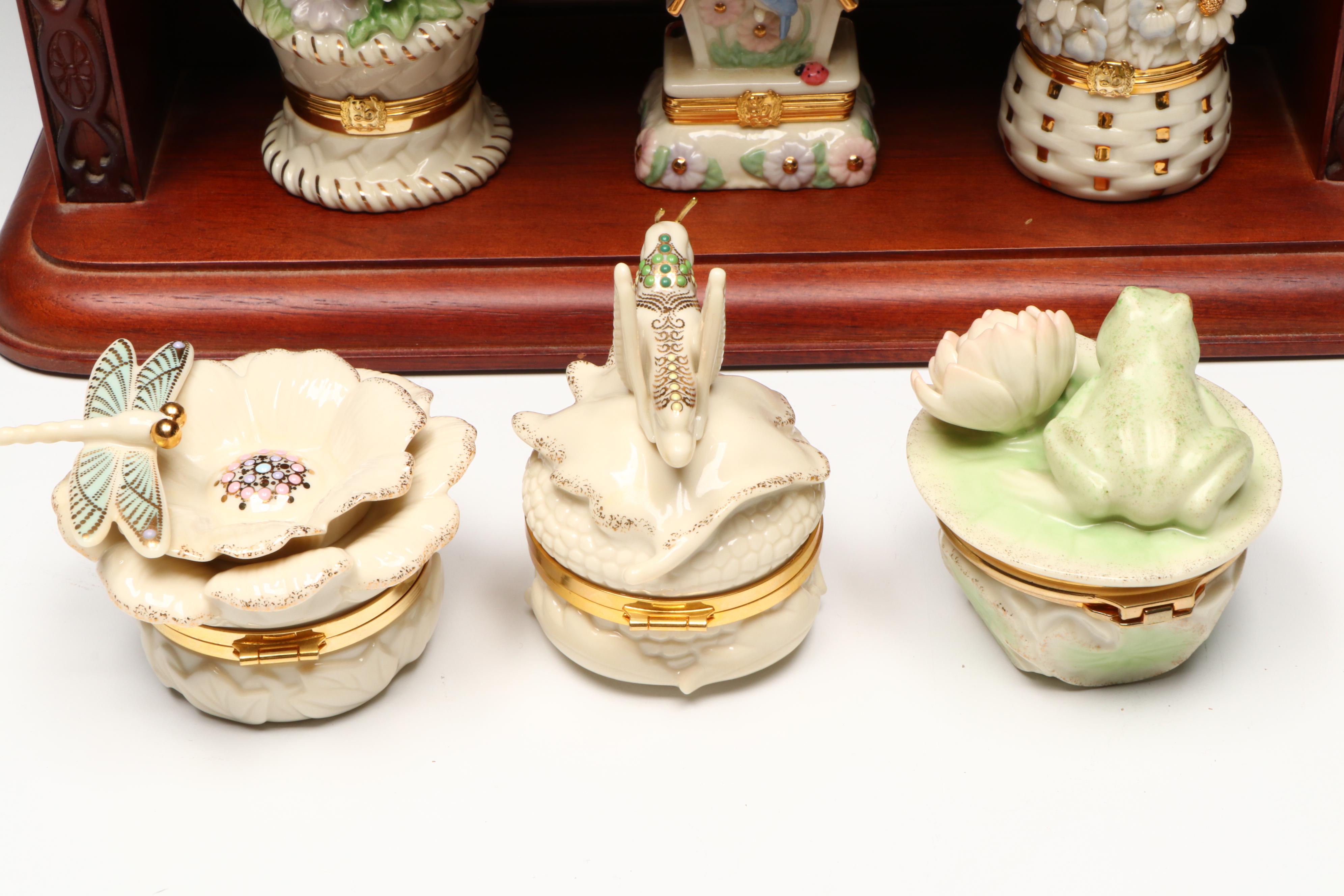 Lenox Porcelain Decorative Boxes with Wooden Display Shelves