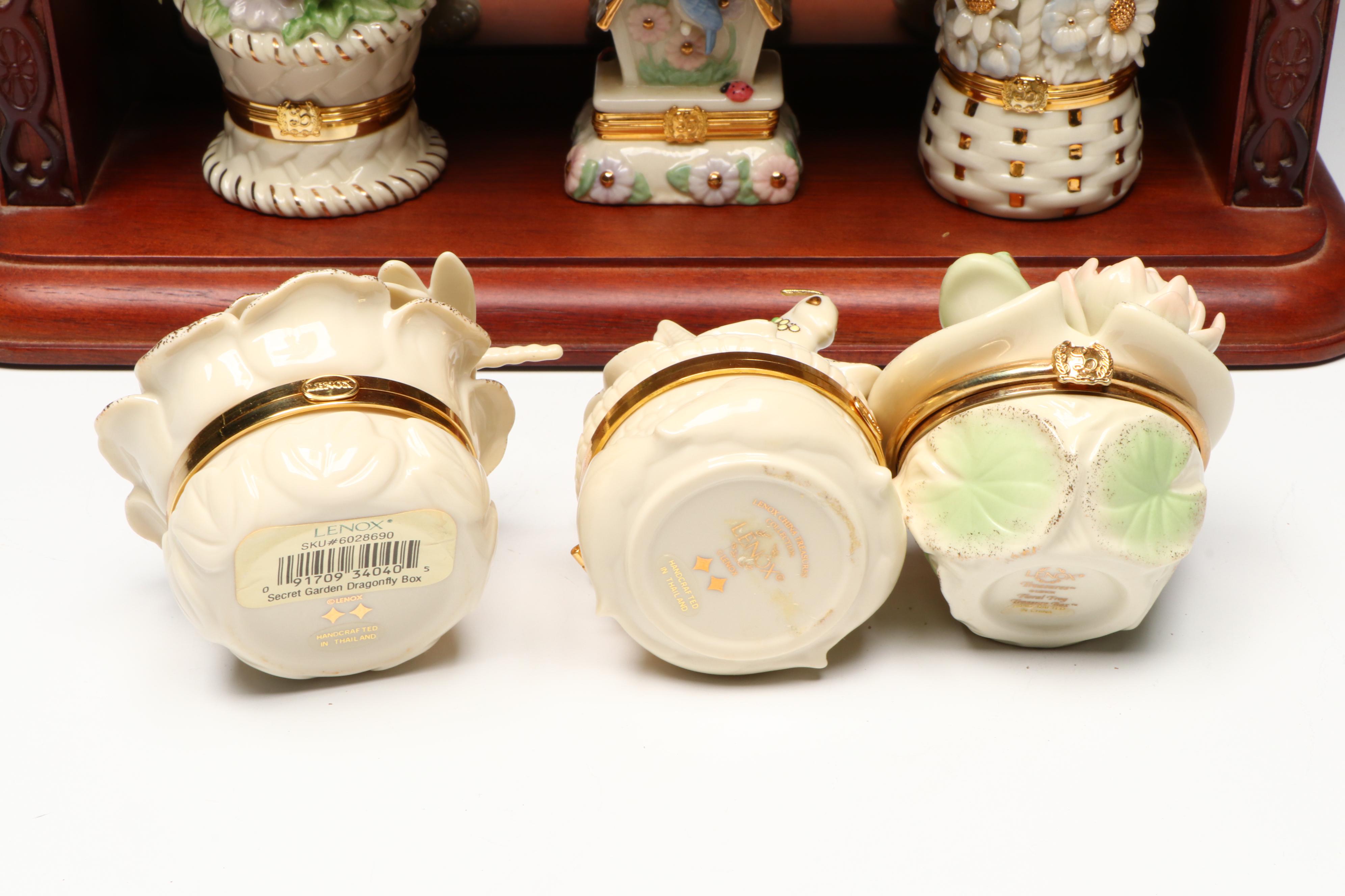 Lenox Porcelain Decorative Boxes with Wooden Display Shelves