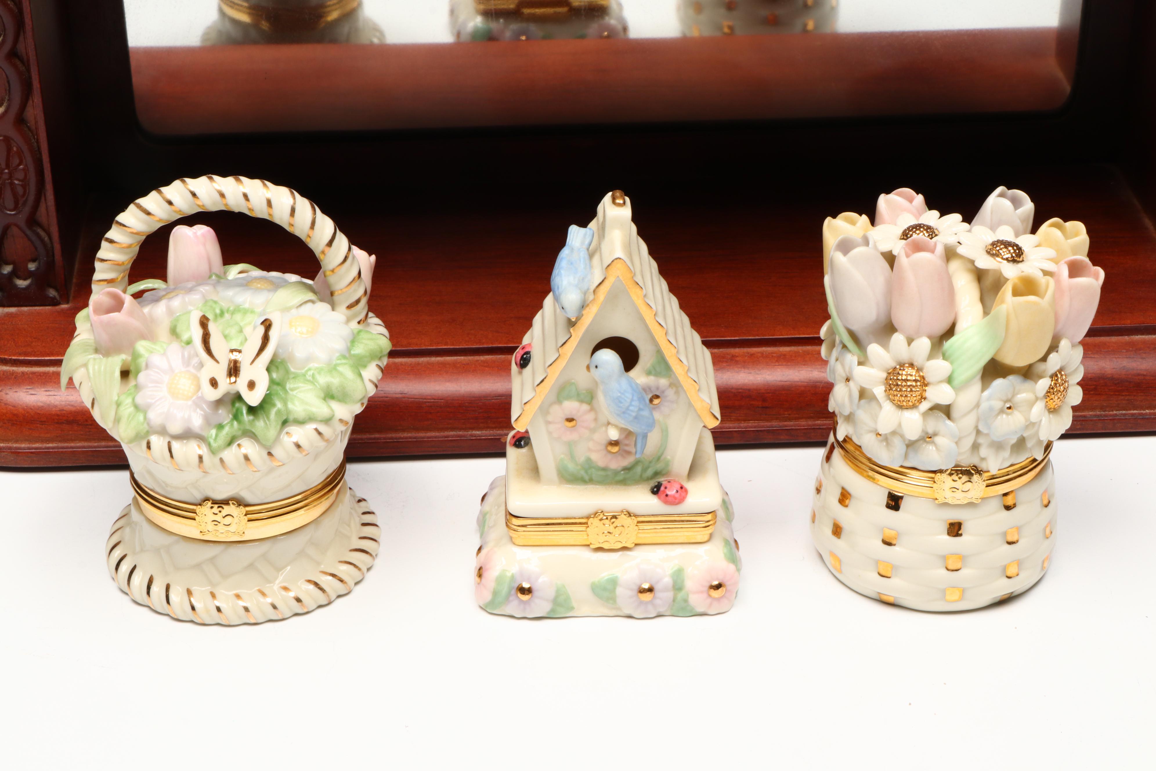 Lenox Porcelain Decorative Boxes with Wooden Display Shelves
