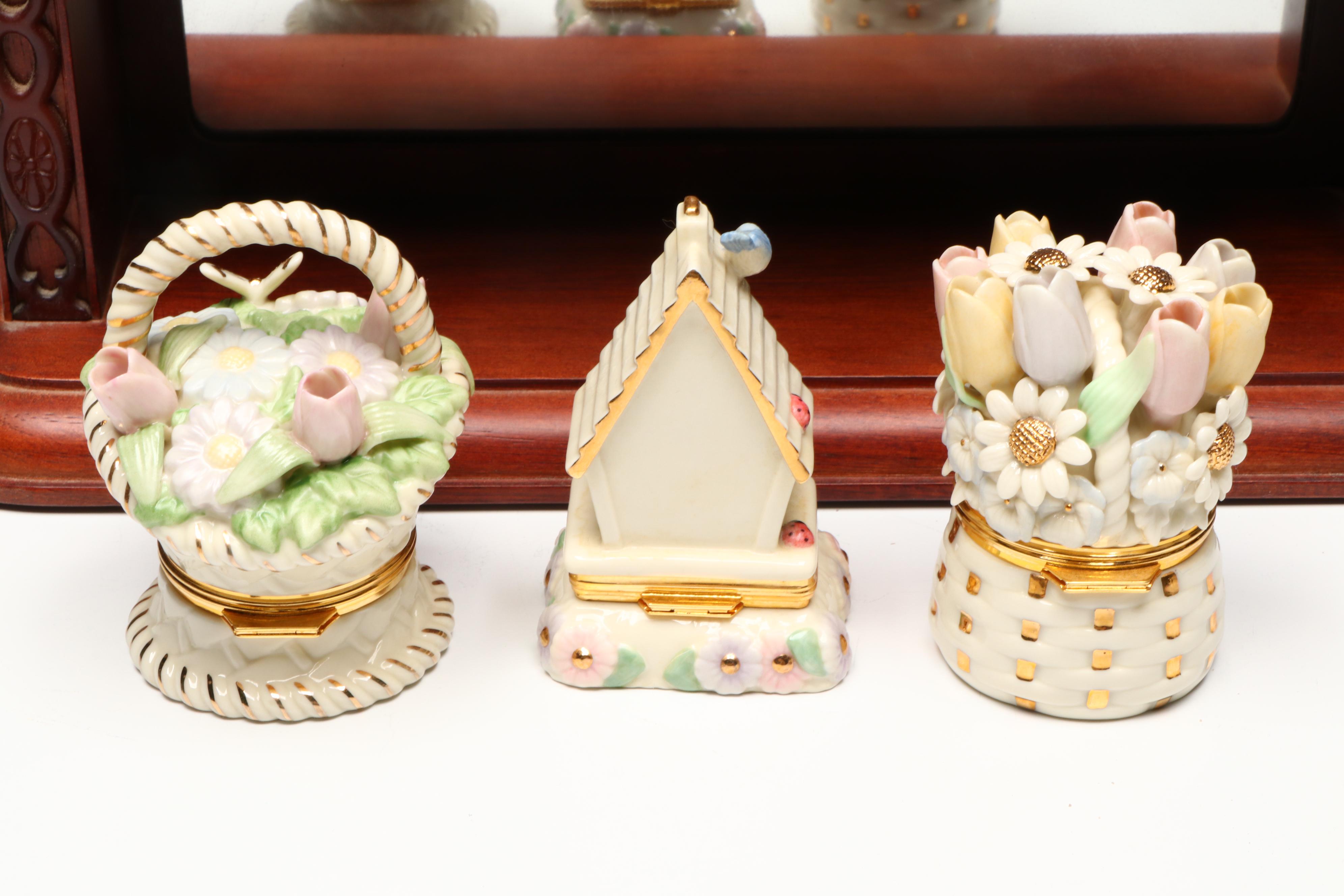 Lenox Porcelain Decorative Boxes with Wooden Display Shelves