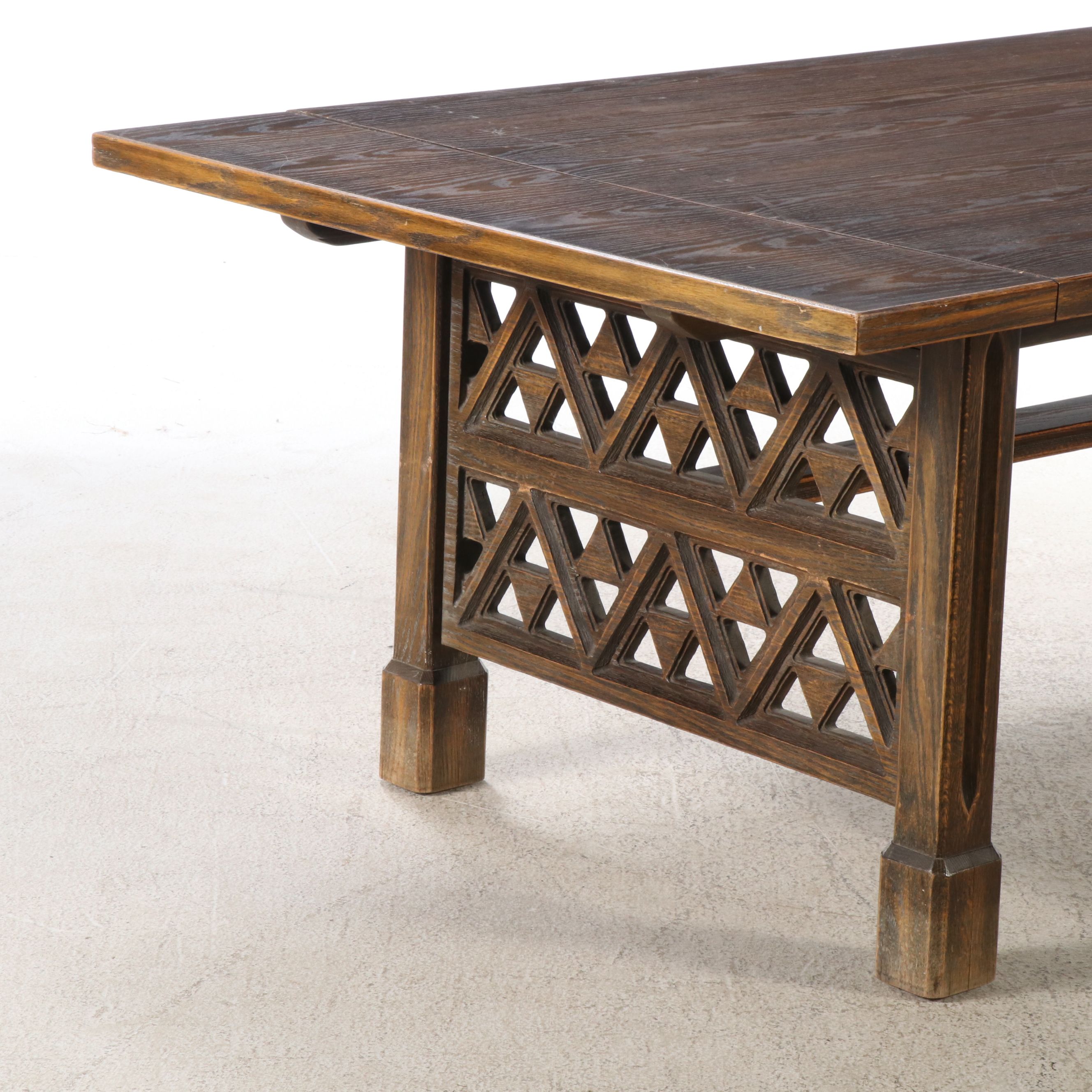Gothic Style Carved Oak Trestle Dining Table, 20th Century