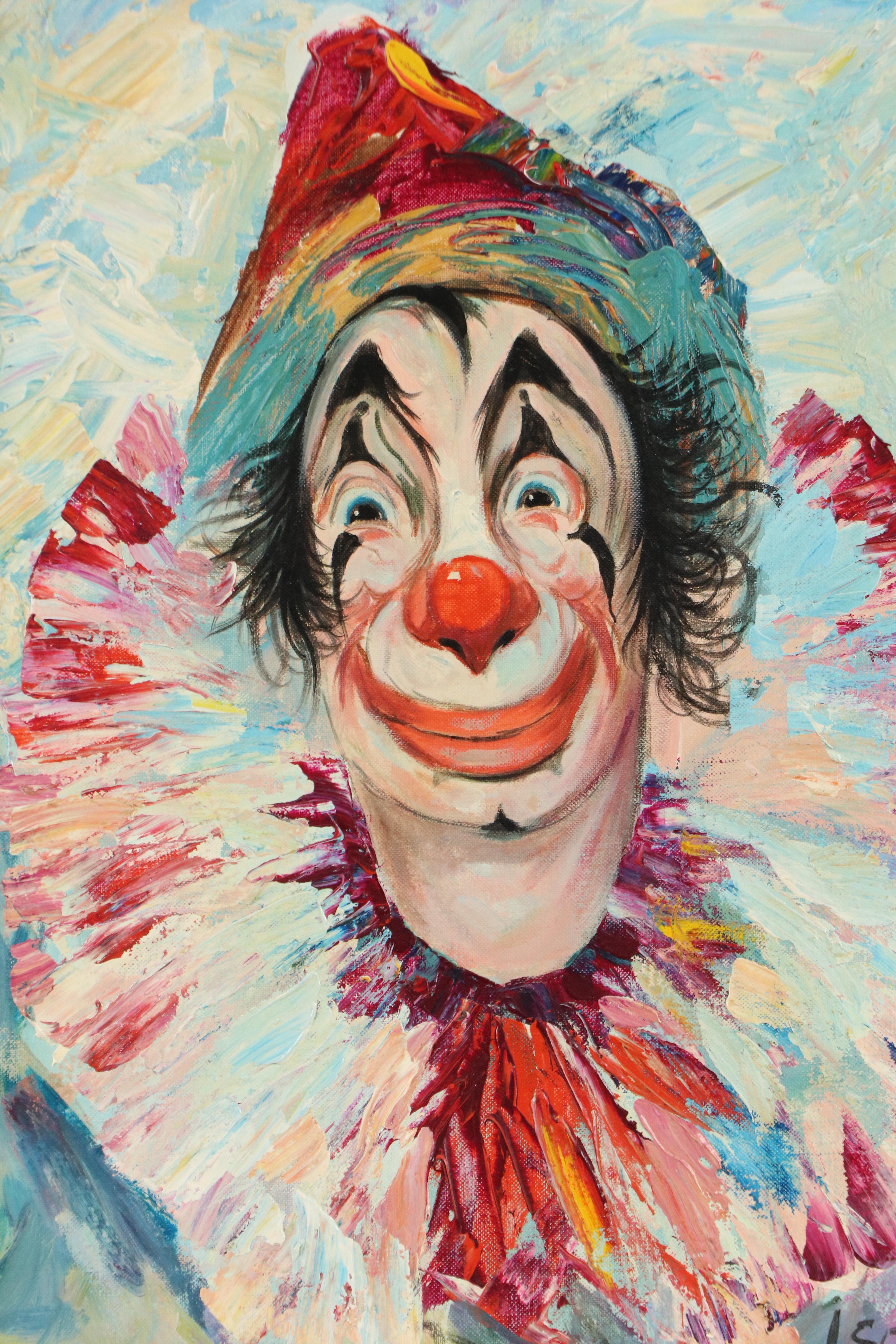 Louis Spiegel Oil Painting Portrait of Clown, Mid to Late 20th Century