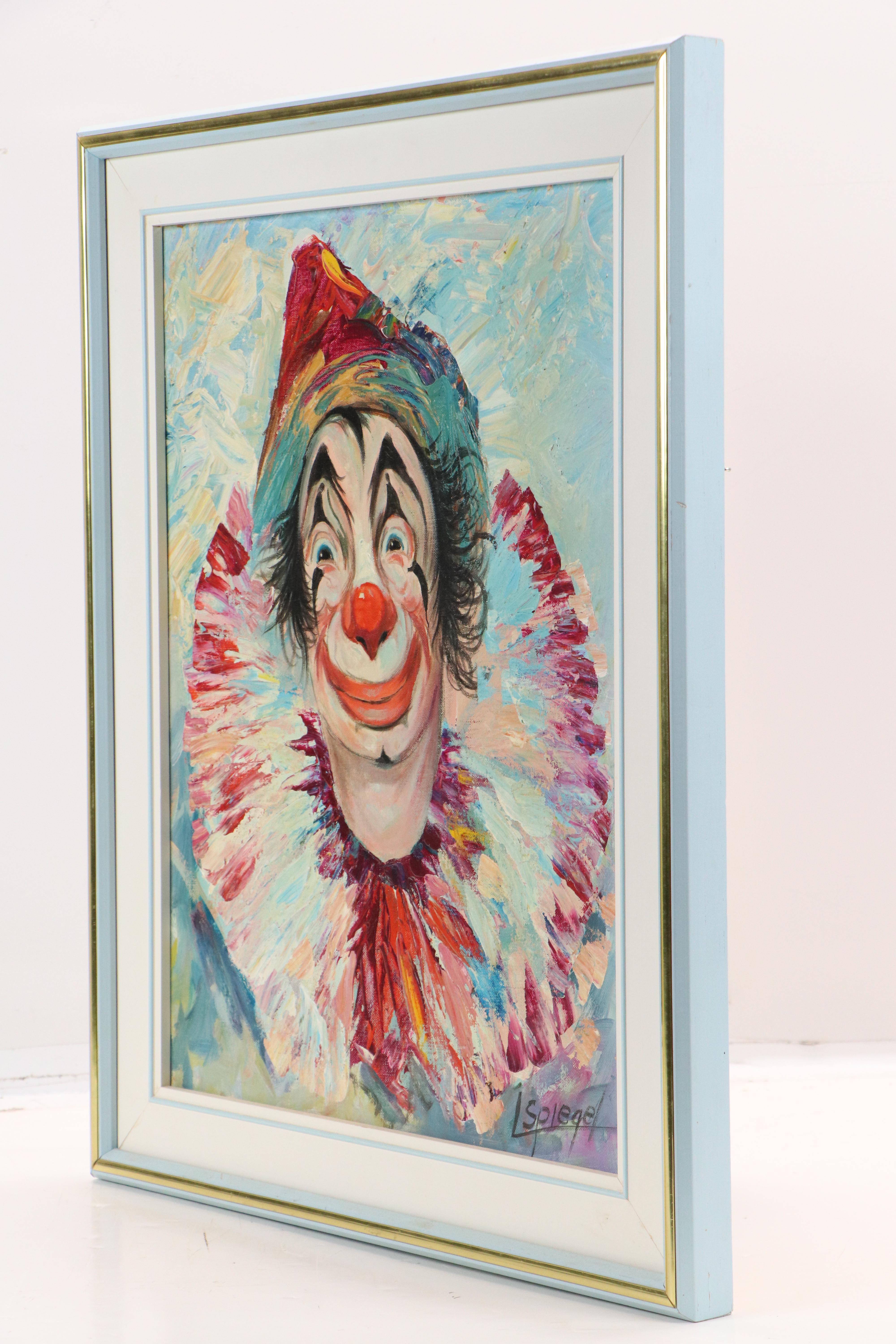 Louis Spiegel Oil Painting Portrait of Clown, Mid to Late 20th Century