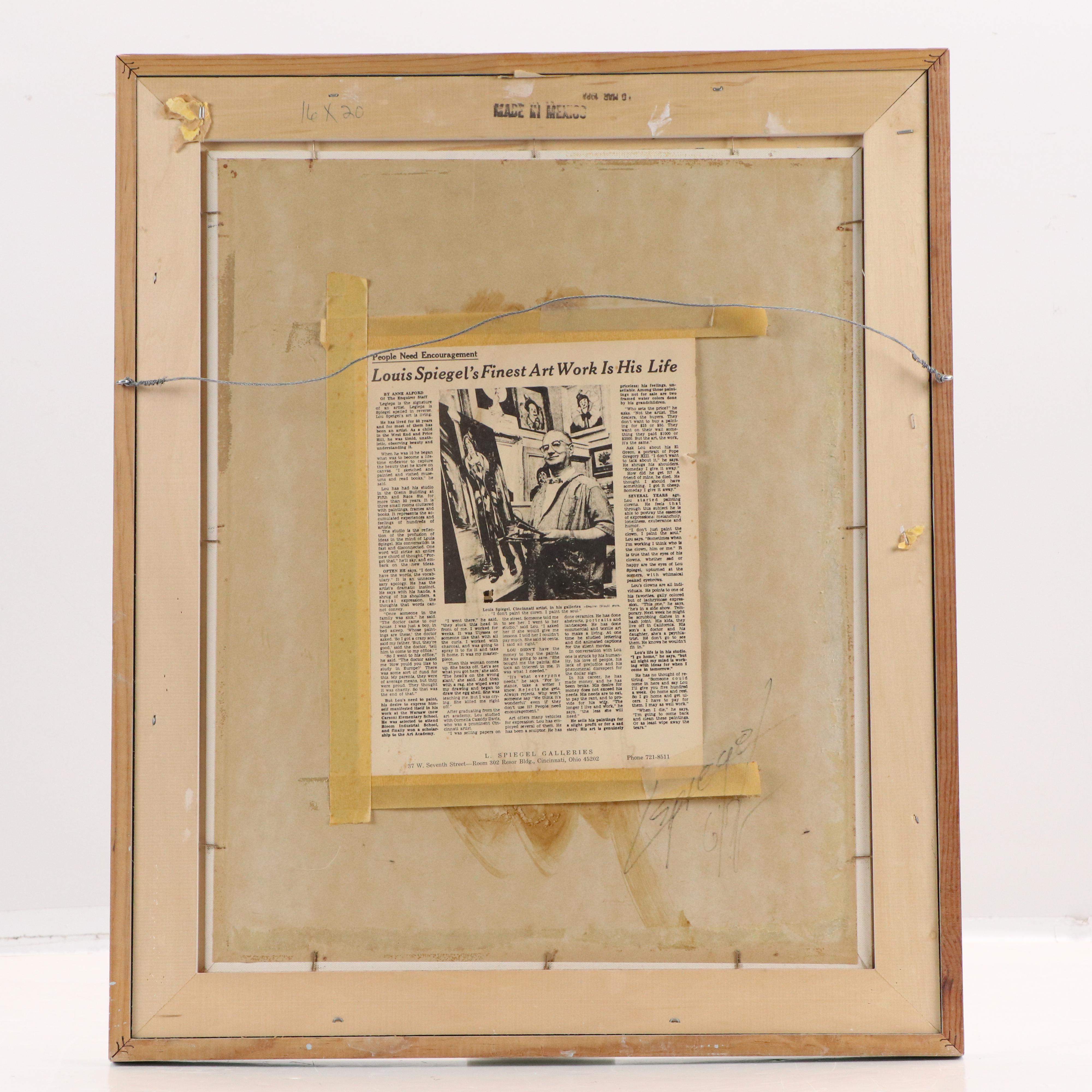 Louis Spiegel Oil Painting Portrait of Clown, Mid to Late 20th Century