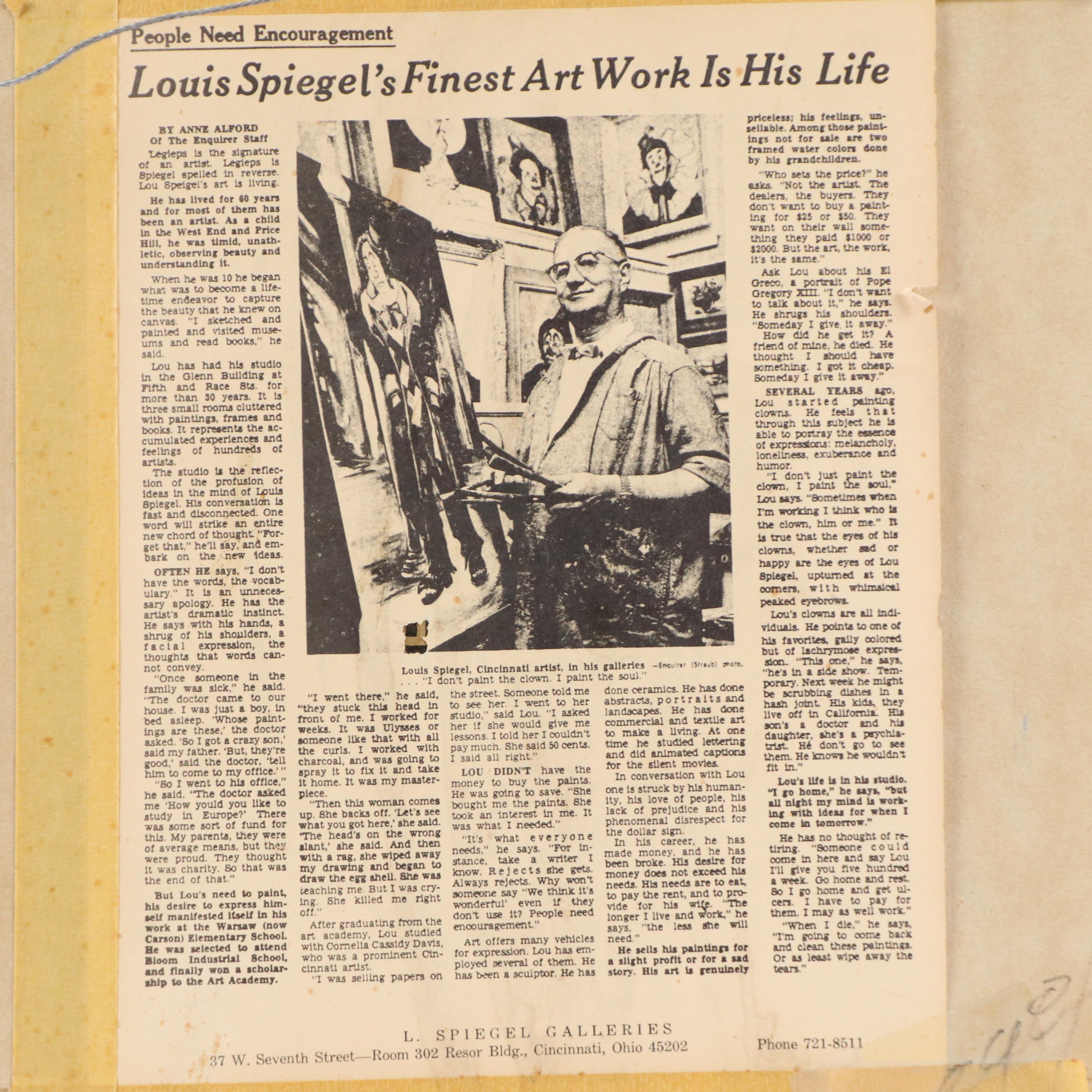 Louis Spiegel Oil Painting Portrait of Clown, Mid to Late 20th Century