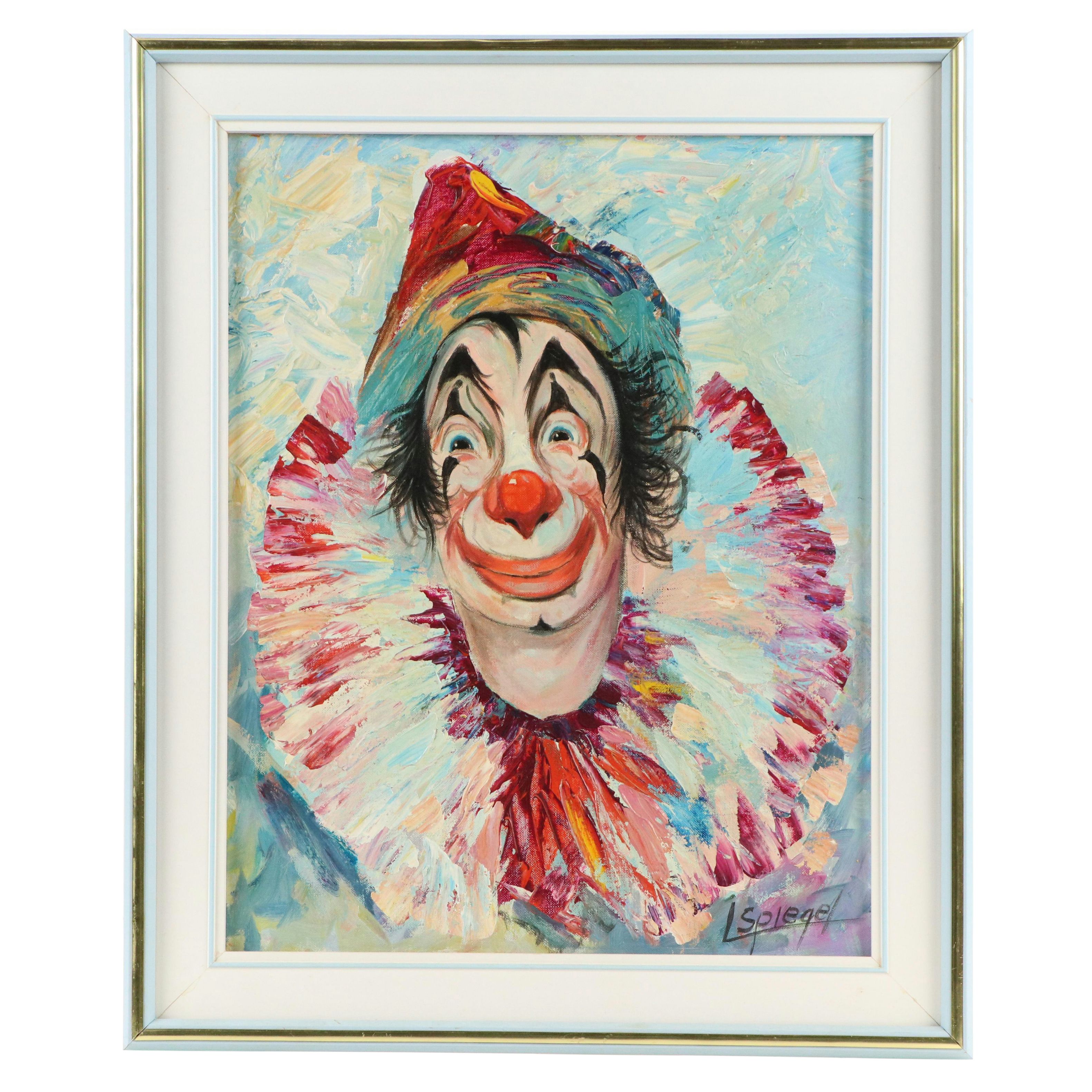 Louis Spiegel Oil Painting Portrait of Clown, Mid to Late 20th Century