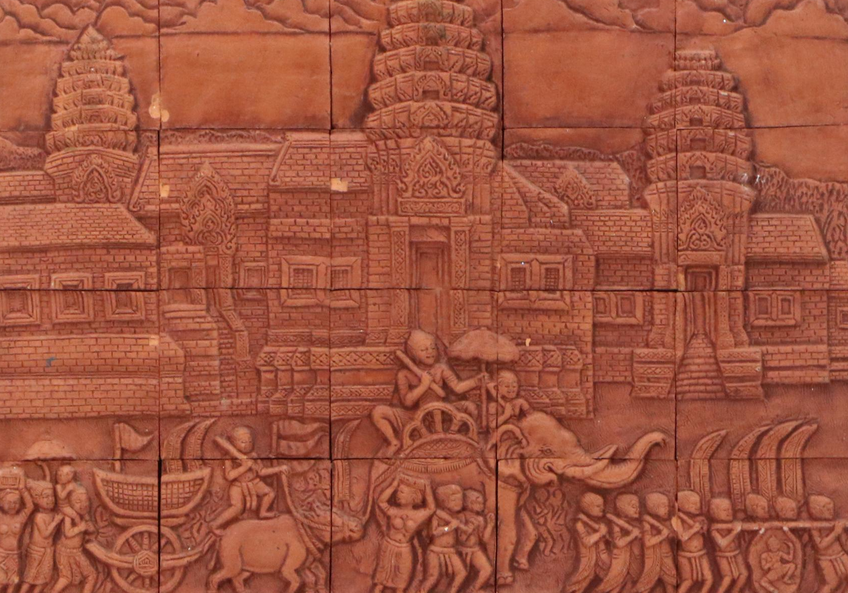 Cambodian Angkor Wat Promenade Scene Terracotta Tile Art