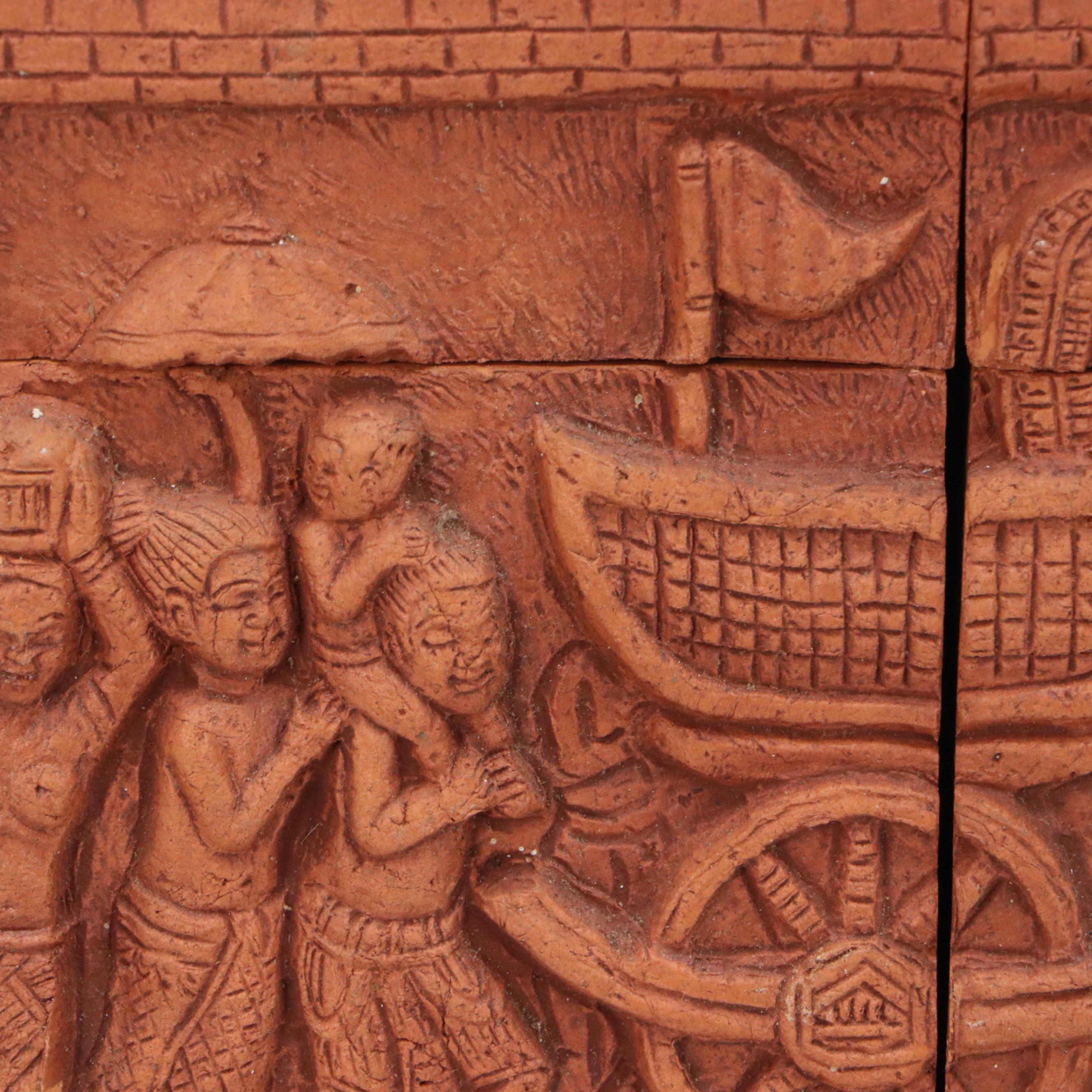 Cambodian Angkor Wat Promenade Scene Terracotta Tile Art