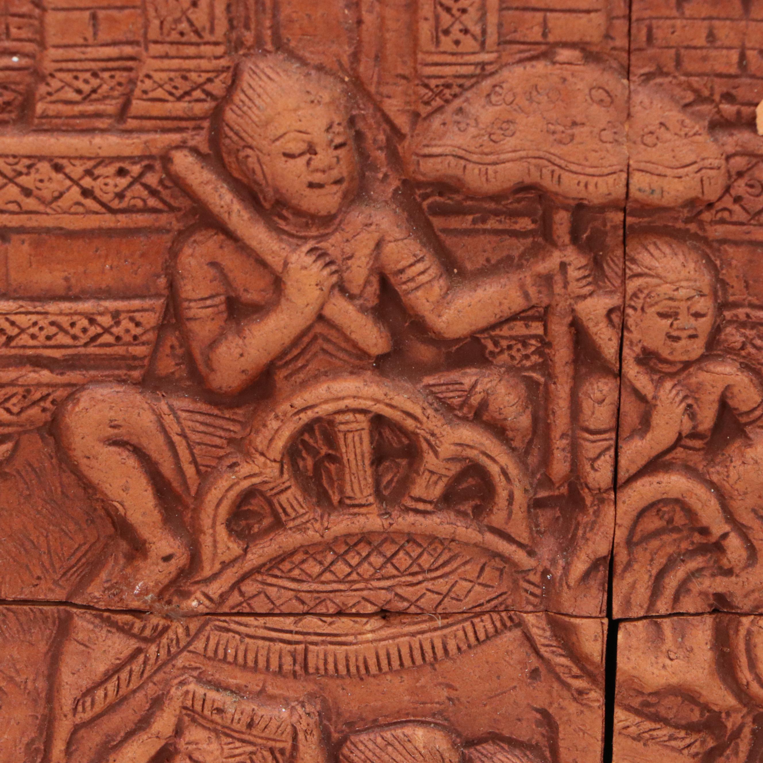 Cambodian Angkor Wat Promenade Scene Terracotta Tile Art