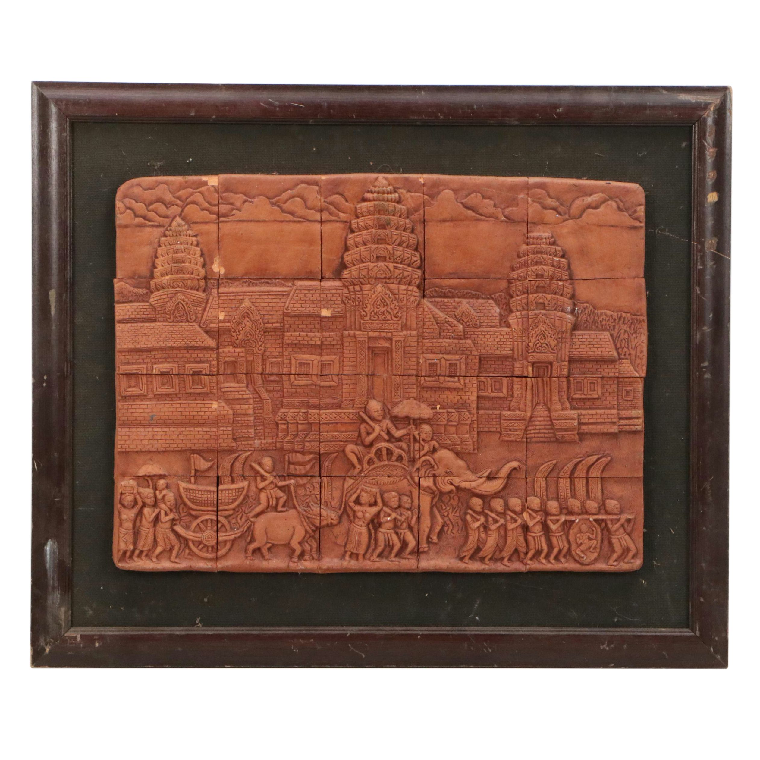 Cambodian Angkor Wat Promenade Scene Terracotta Tile Art