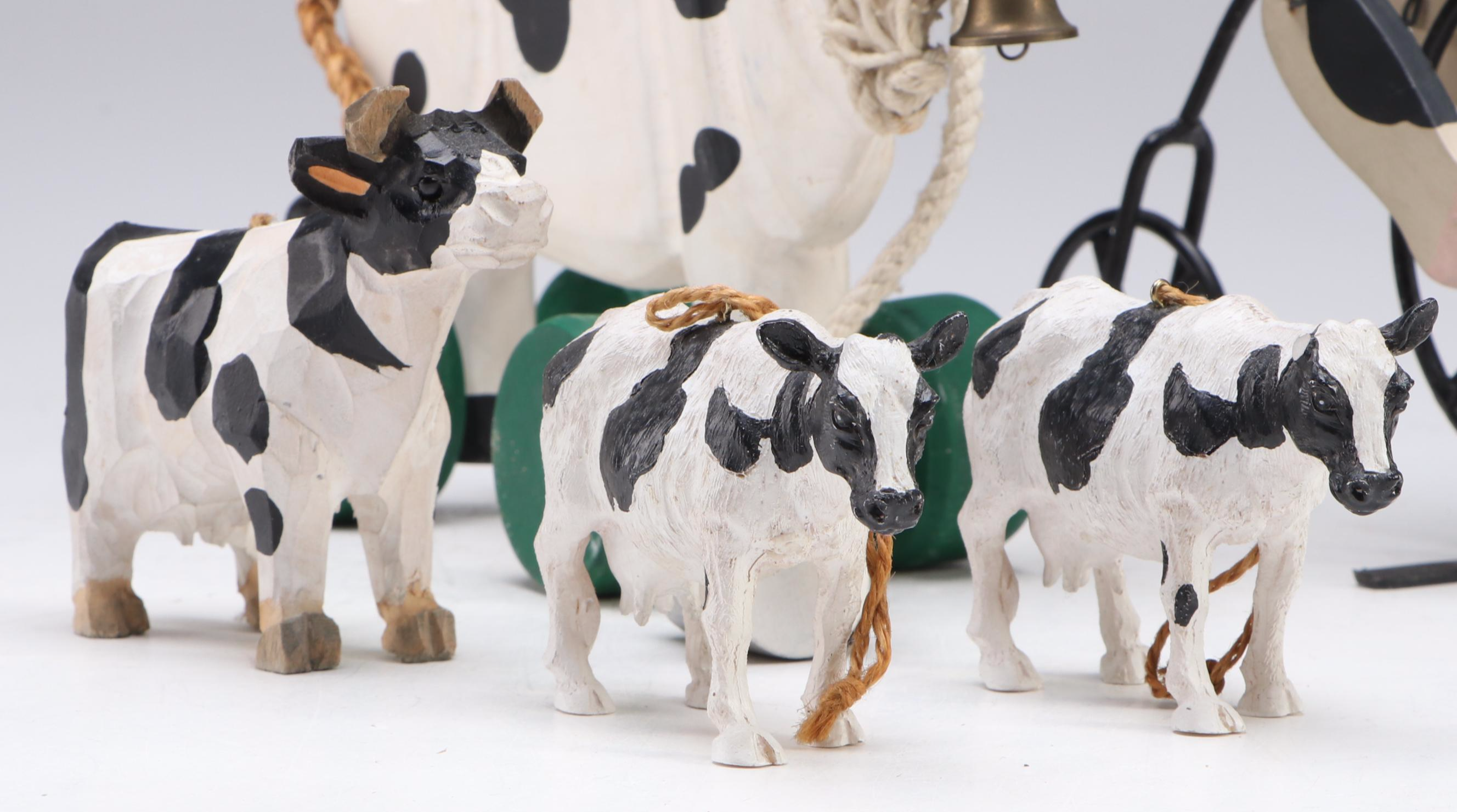 Rustic Style Wooden Cow Pull-Toy, Ornaments and Cow Figurine on Tricycle