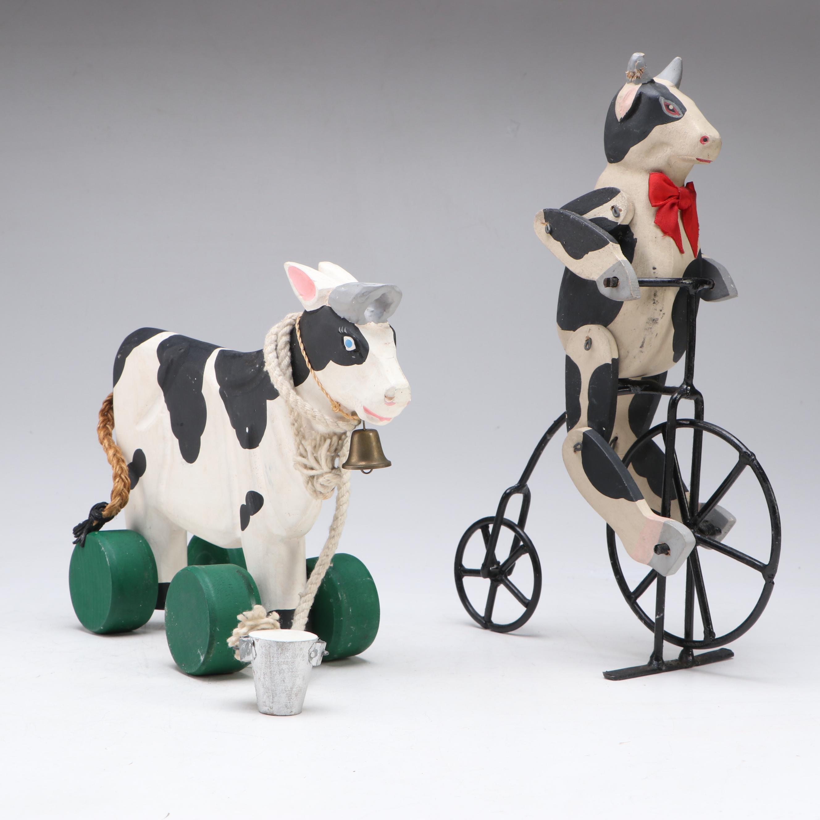 Rustic Style Wooden Cow Pull-Toy, Ornaments and Cow Figurine on Tricycle