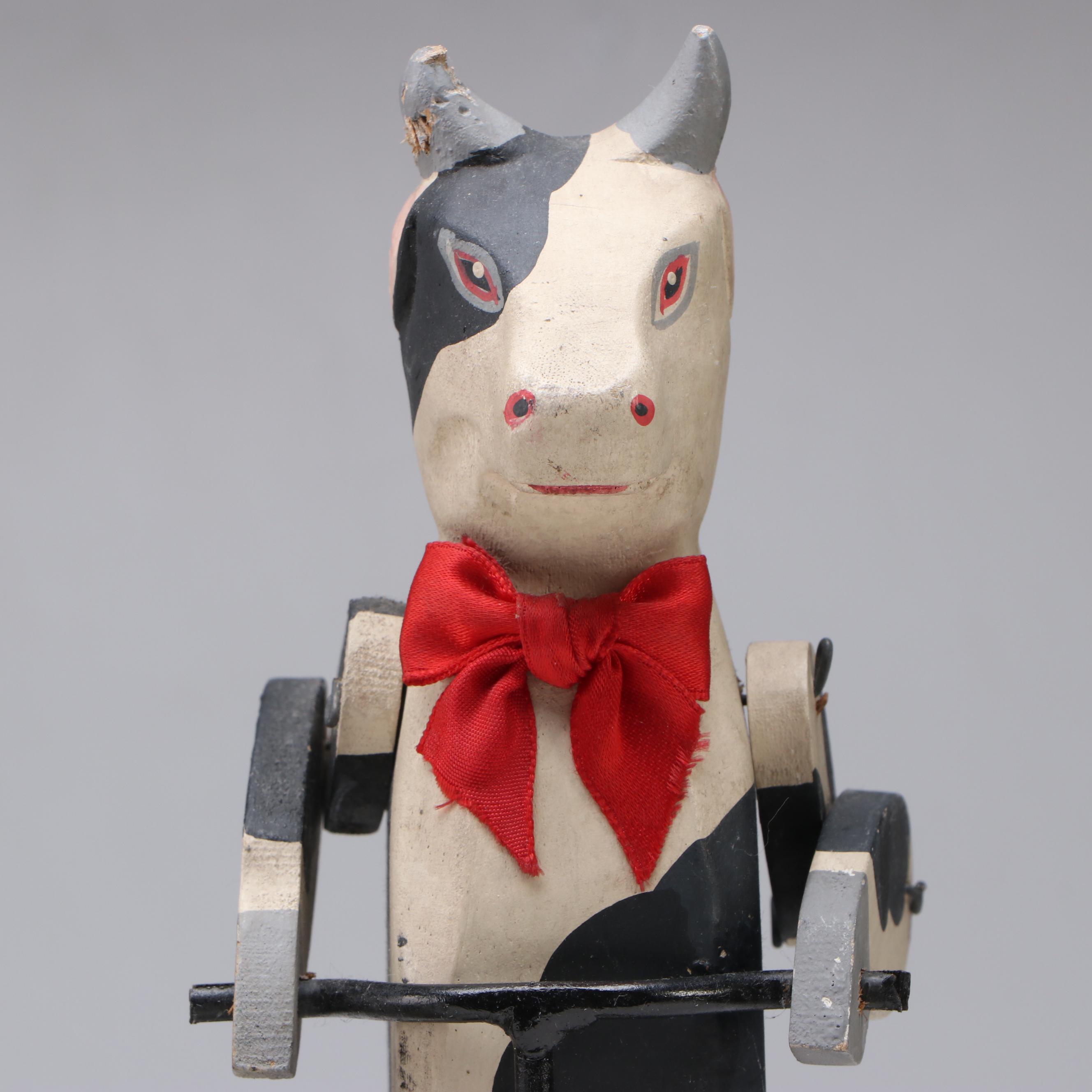 Rustic Style Wooden Cow Pull-Toy, Ornaments and Cow Figurine on Tricycle