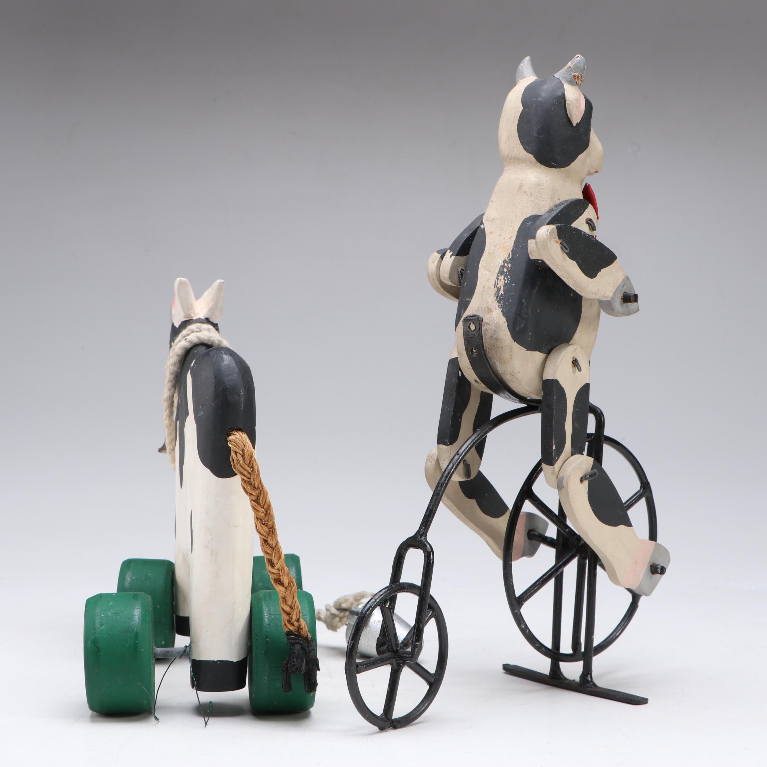Rustic Style Wooden Cow Pull-Toy, Ornaments and Cow Figurine on Tricycle