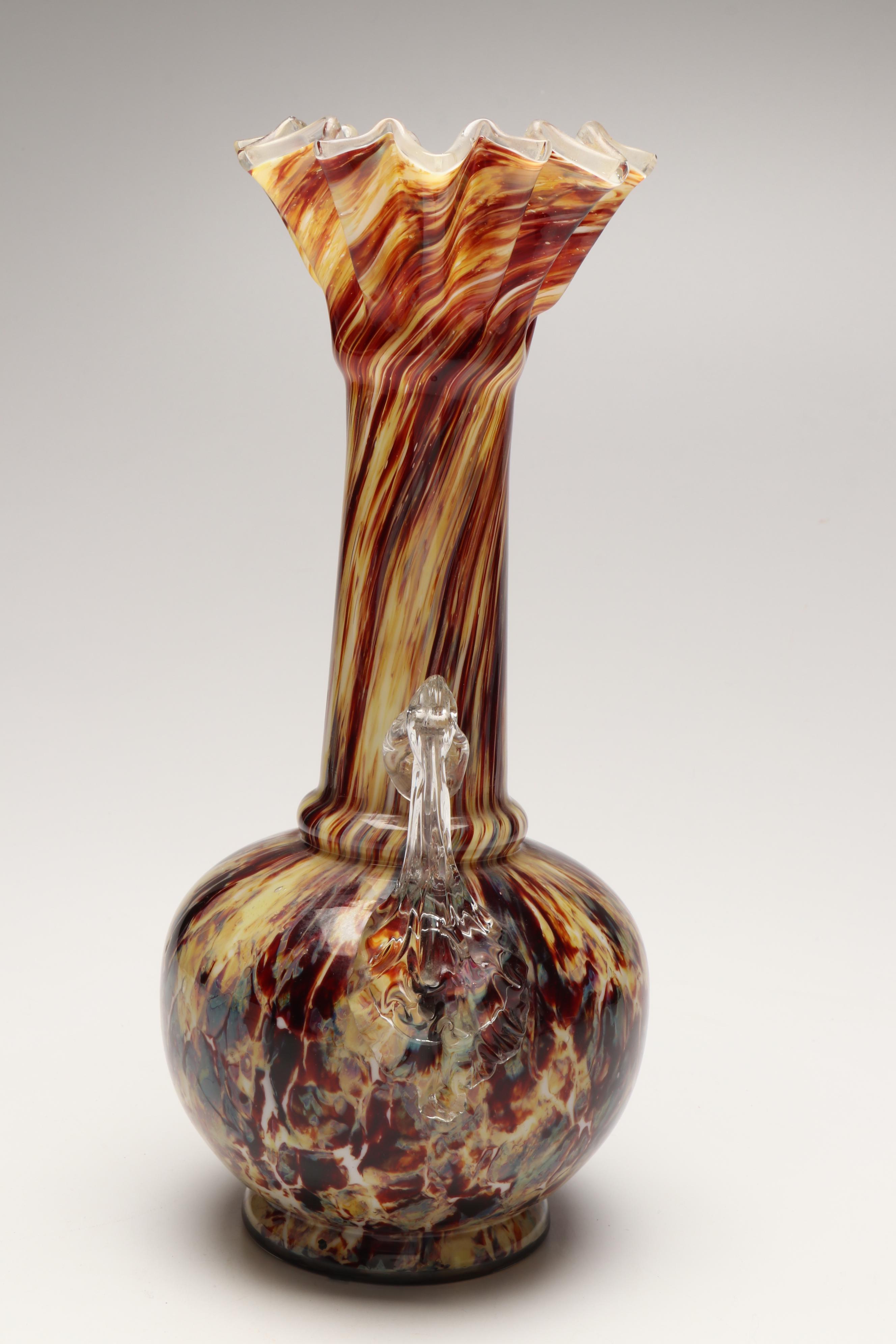 Mottled Pattern Spatter Handled Art Glass Vase