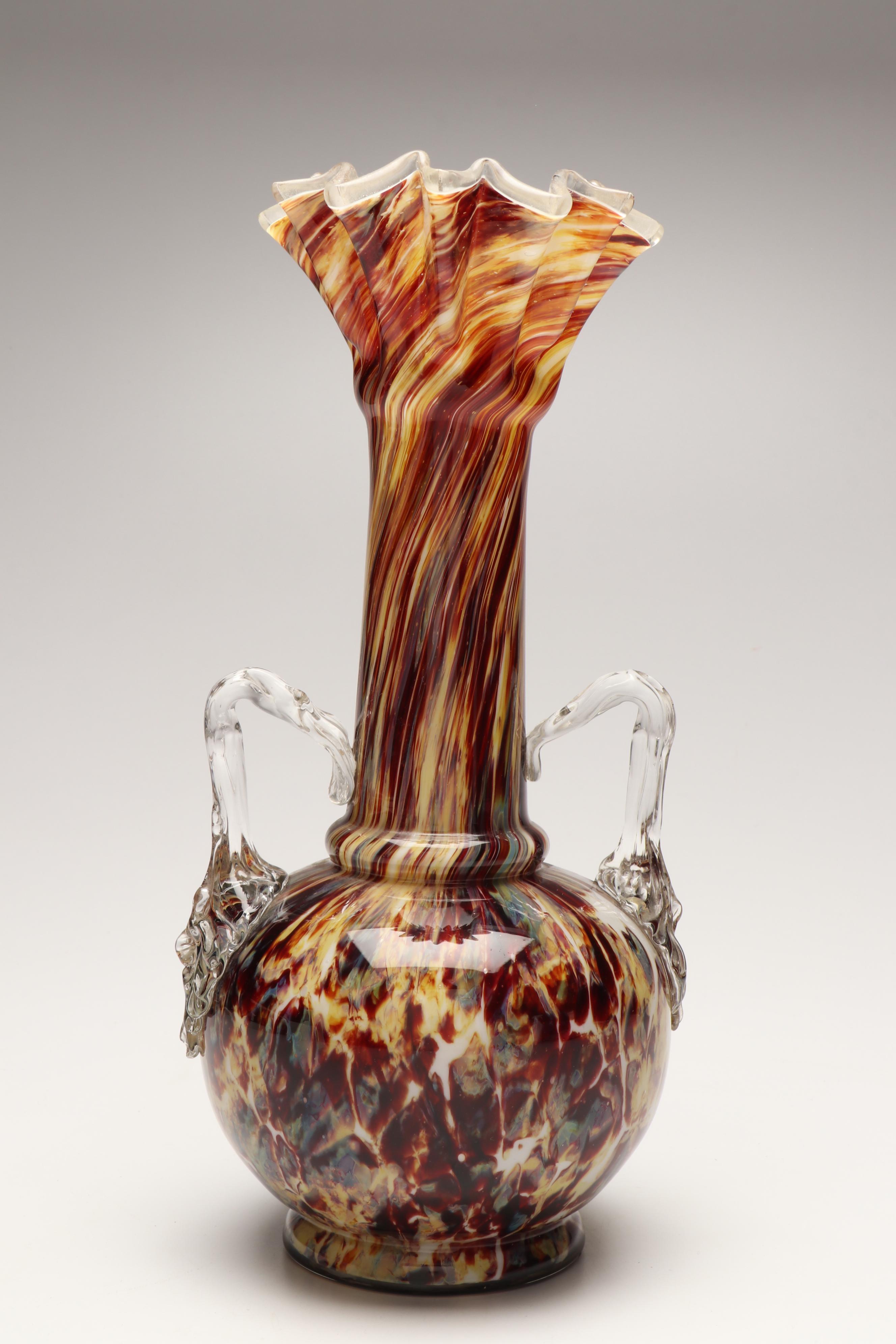 Mottled Pattern Spatter Handled Art Glass Vase