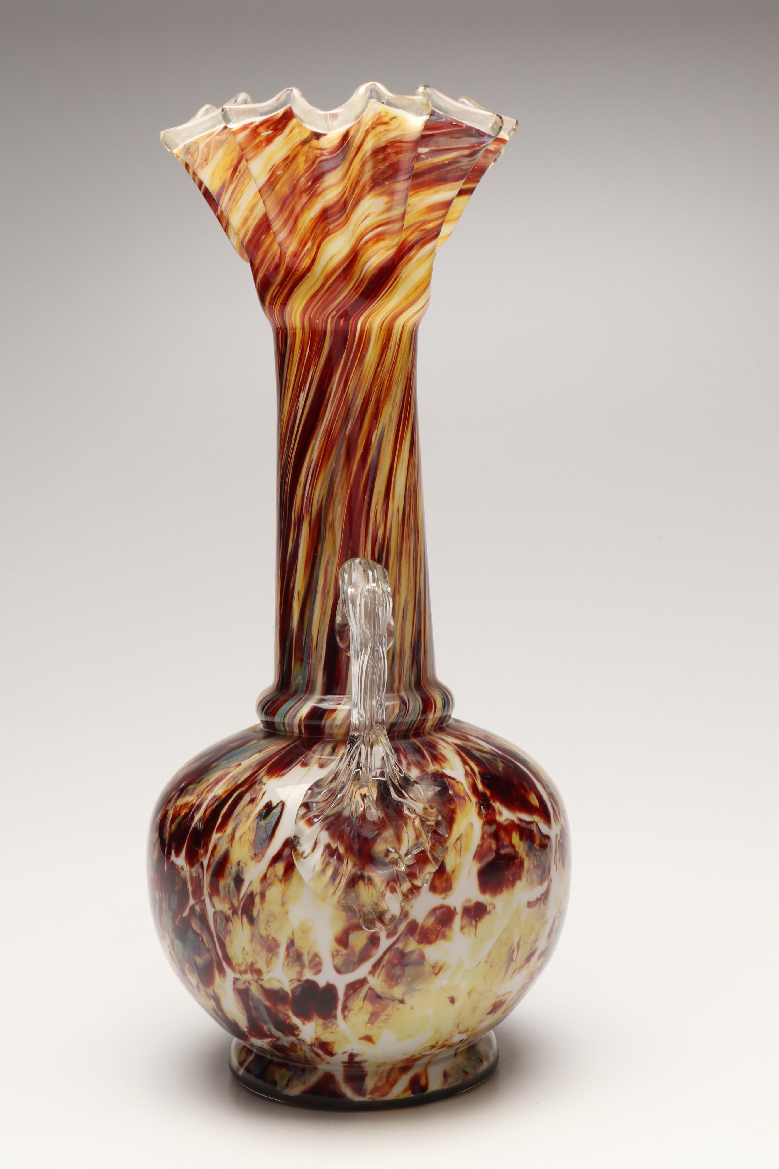 Mottled Pattern Spatter Handled Art Glass Vase